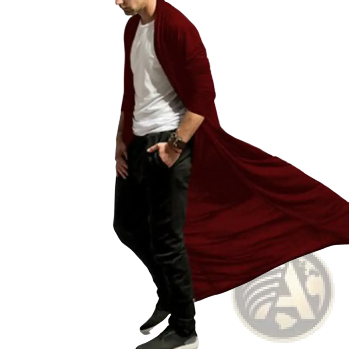 Mens long trench coat solid color deep red flowing long cardigan with relaxed fit and three quarter sleeves