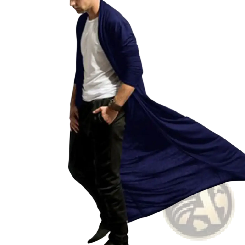 Mens long trench coat solid color open front jacket in navy blue with long sleeves and flowing draped design