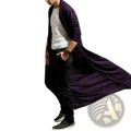 Mens long trench coat solid color open front jacket in dark purple knit with a relaxed fit and flowing design