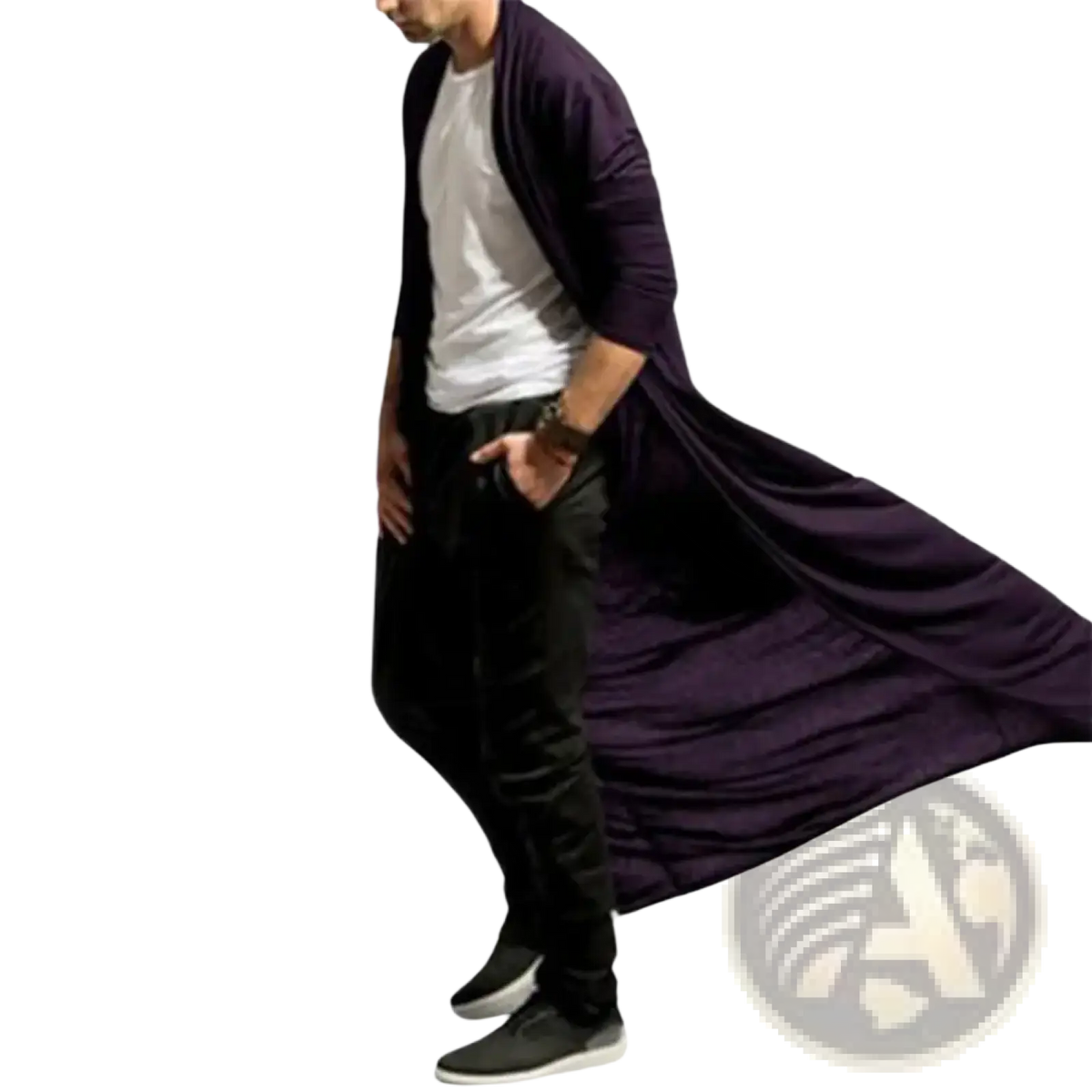 Mens long trench coat solid color open front jacket in dark purple knit with a relaxed fit and flowing design