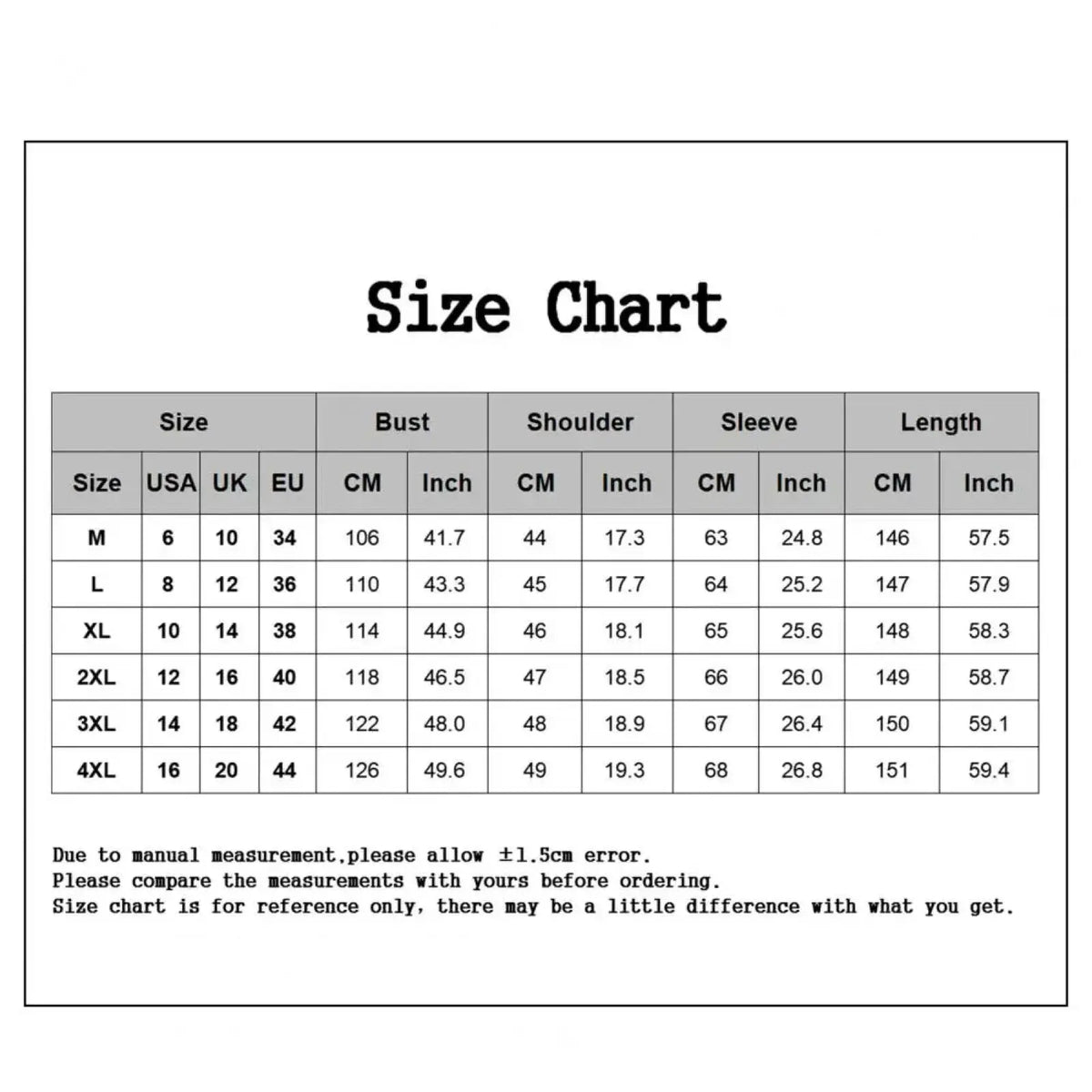 Size chart for mens long trench coat solid color open front jacket showing measurements from m to 4xl in various units