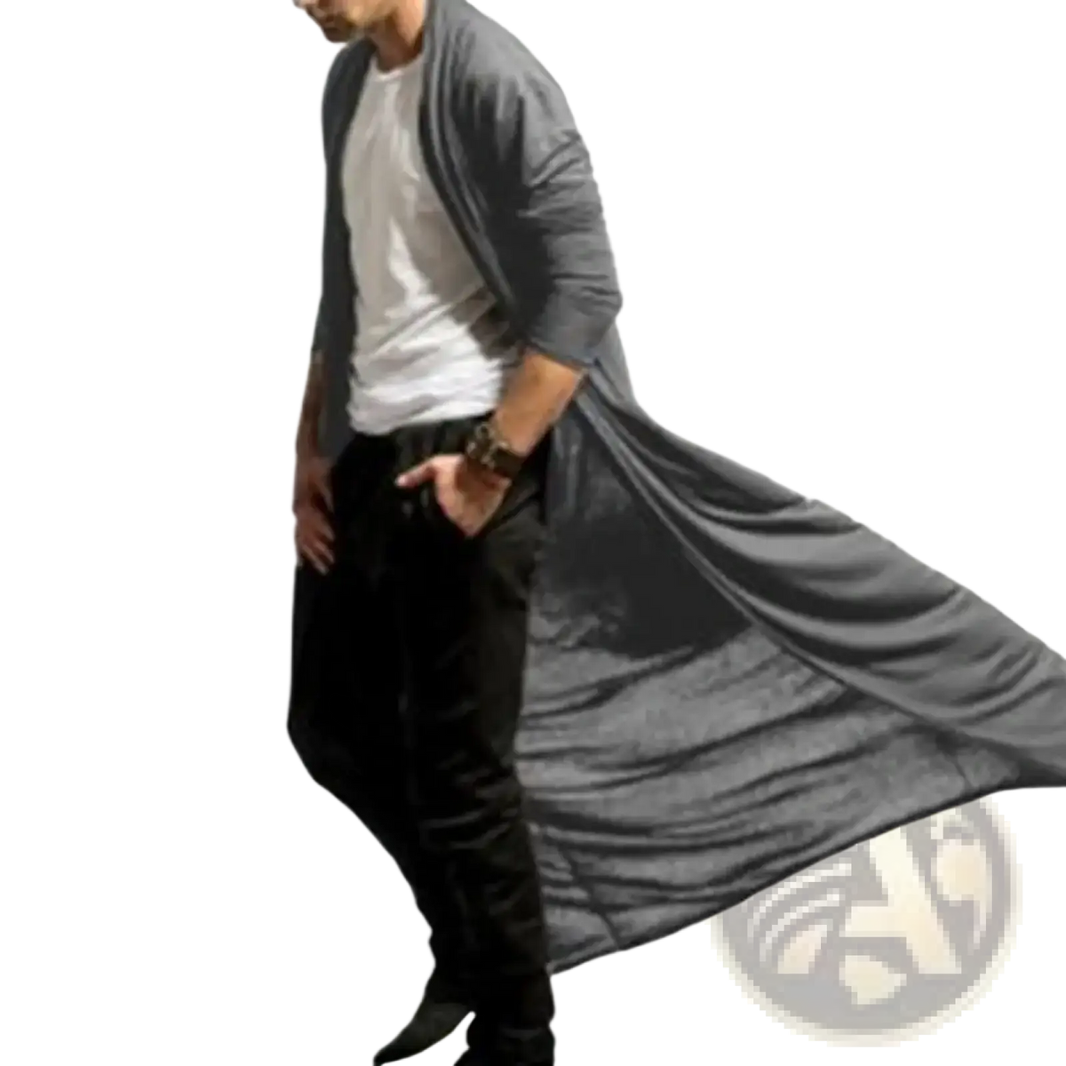 Mens long trench coat solid color open front jacket featuring a flowing gray long-sleeved cardigan with subtle texture