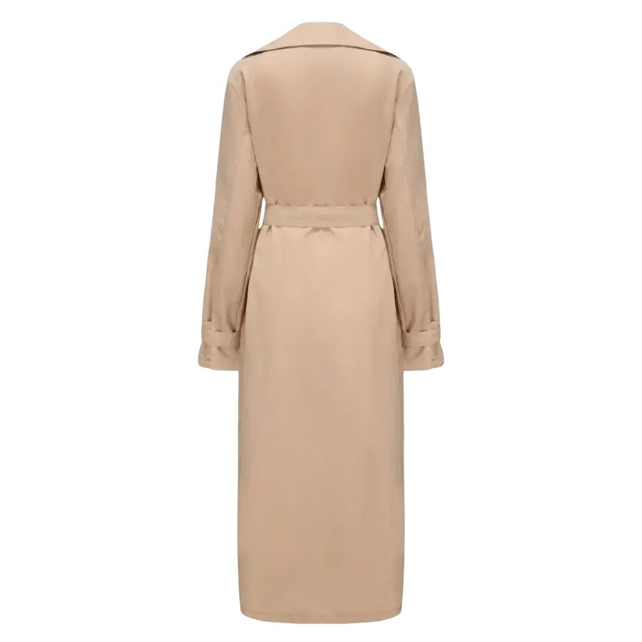 Beige men’s long trench coat jacket with belted waist and rolled-up cuffs in coats jacket fashion