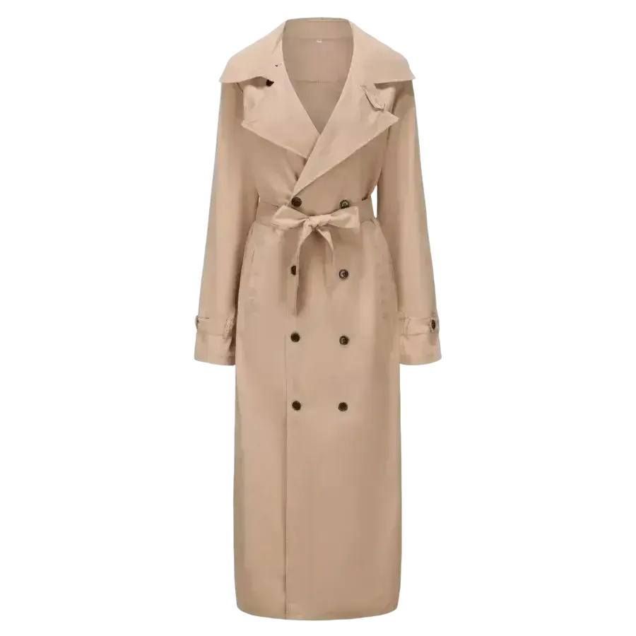 Beige long trench coats jacket with belted waist and double-breasted front for coats jacket fashion