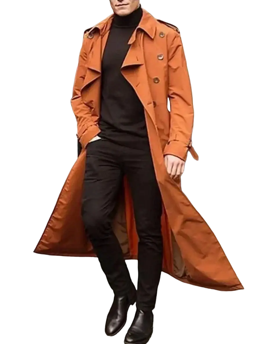 A stylish long trench coats jacket in orange with a classic double-breasted design and dark brown buttons for coats jacket fashion