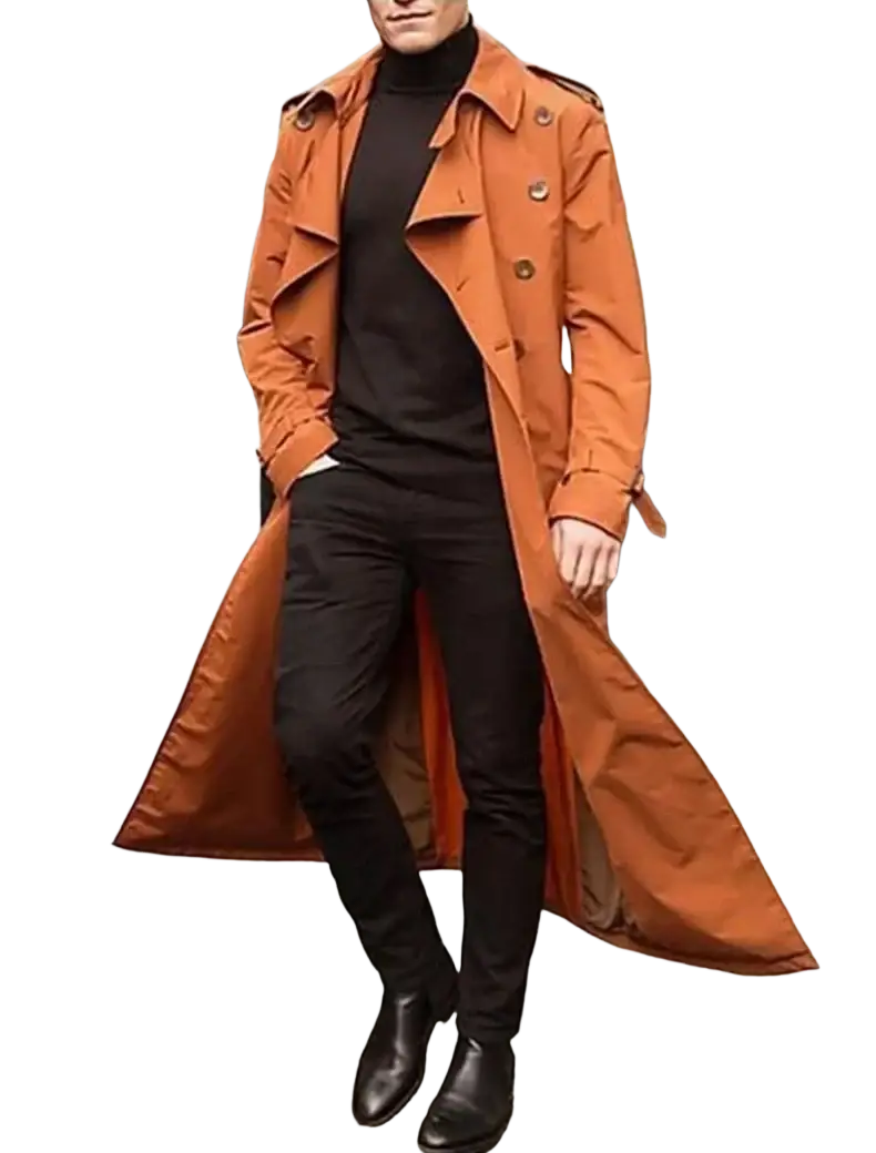 A stylish long trench coats jacket in orange with classic double-breasted design and buttoned epaulets for coats jacket fashion