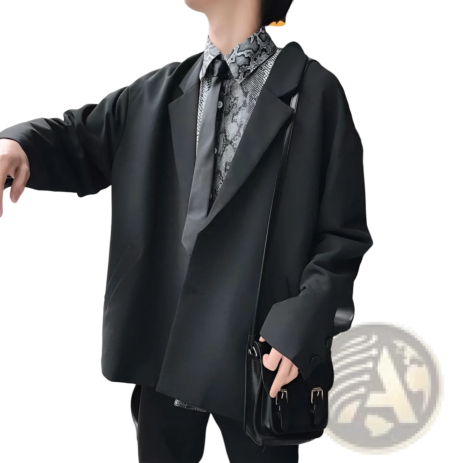 Black leather crossbody bag with silver toned hardware and minimalist design paired with mens loose casual thin suit jacket