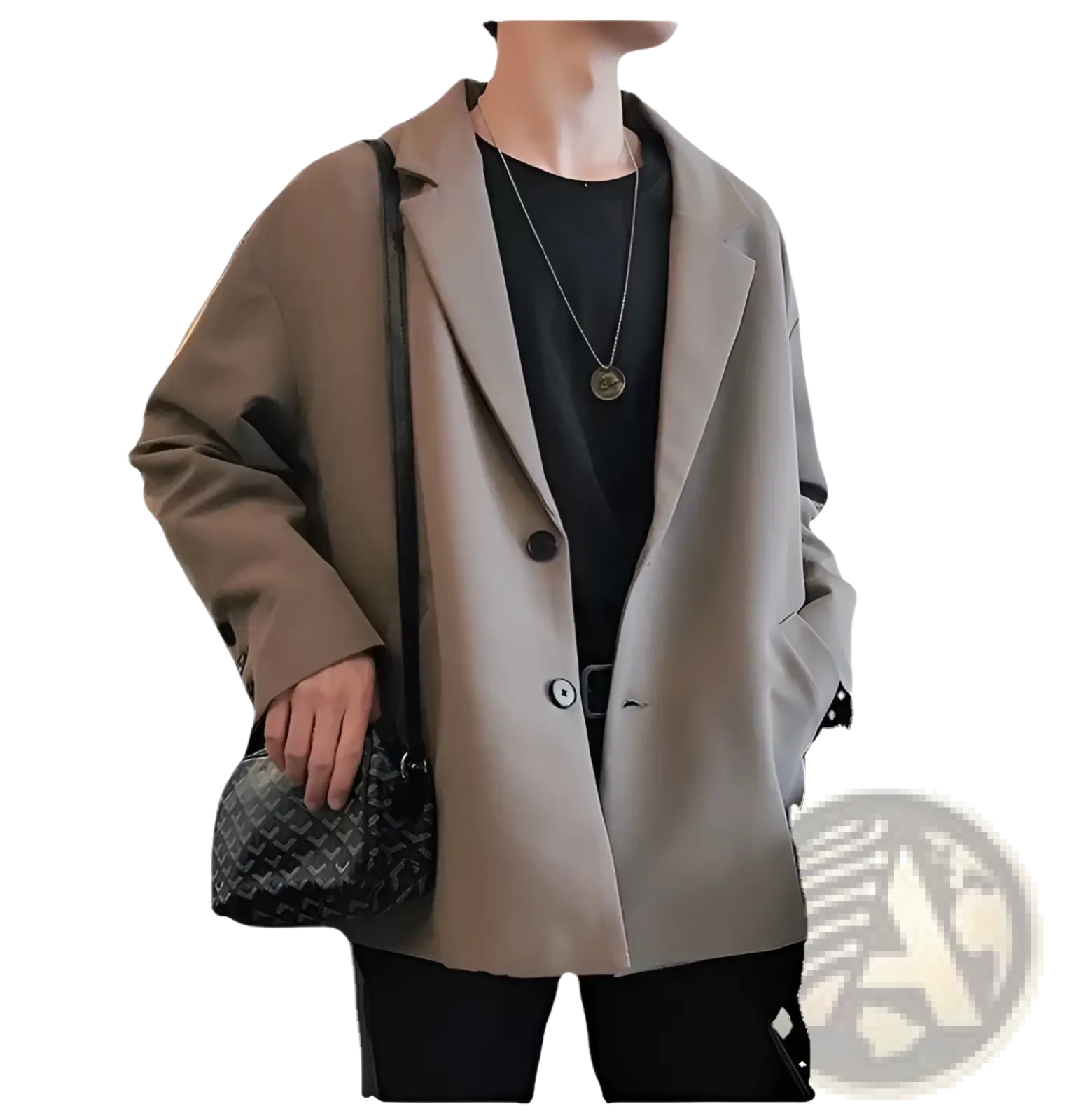 Beige oversized mens loose casual thin suit jacket with black contrast trim and two front buttons