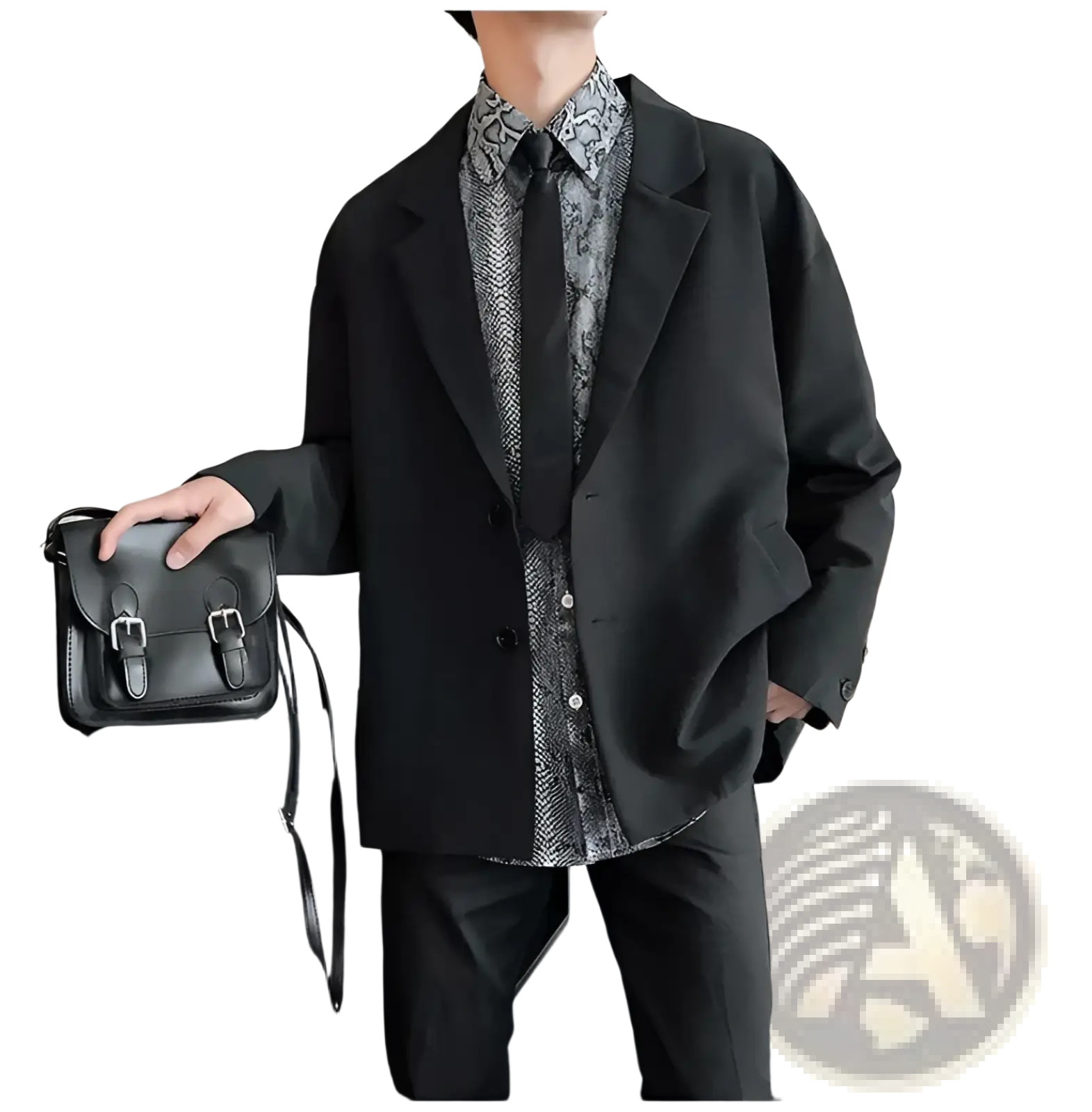 Mens loose casual thin suit jacket with black leather satchel featuring silver-toned buckles and matching strap