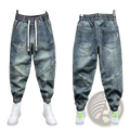 Gray denim mens loose harem pants with elastic waistband and white drawstrings for casual comfort