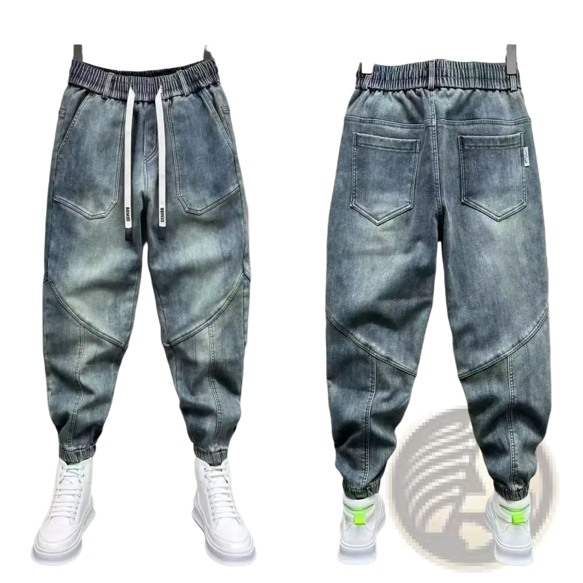 Gray denim mens loose harem pants with elastic waistband and white drawstrings for casual comfort