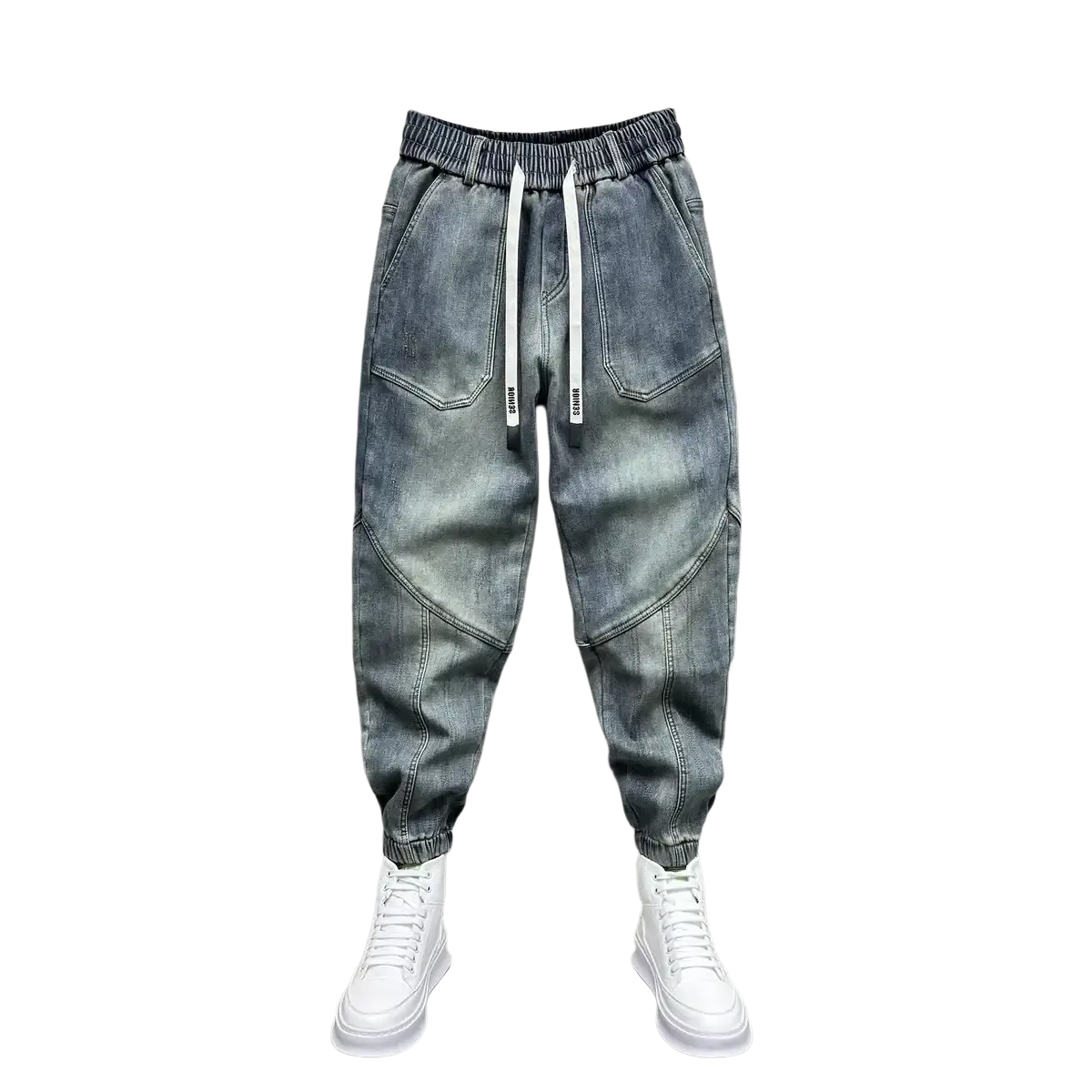 Mens loose denim harem pants in gray with white drawstrings and elastic cuffs made of denim material