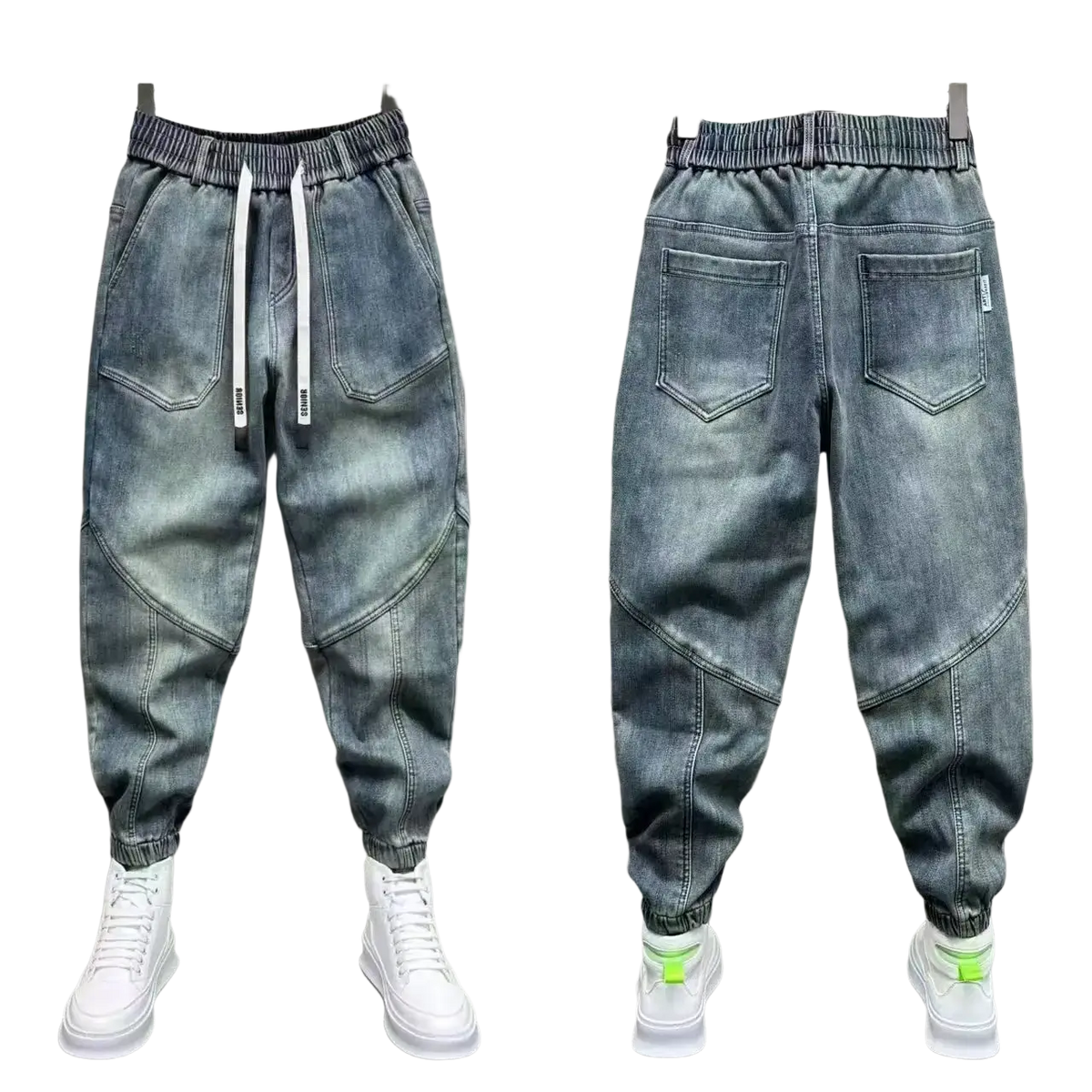 Gray denim mens loose harem pants with elastic waistband and white drawstrings for casual comfort