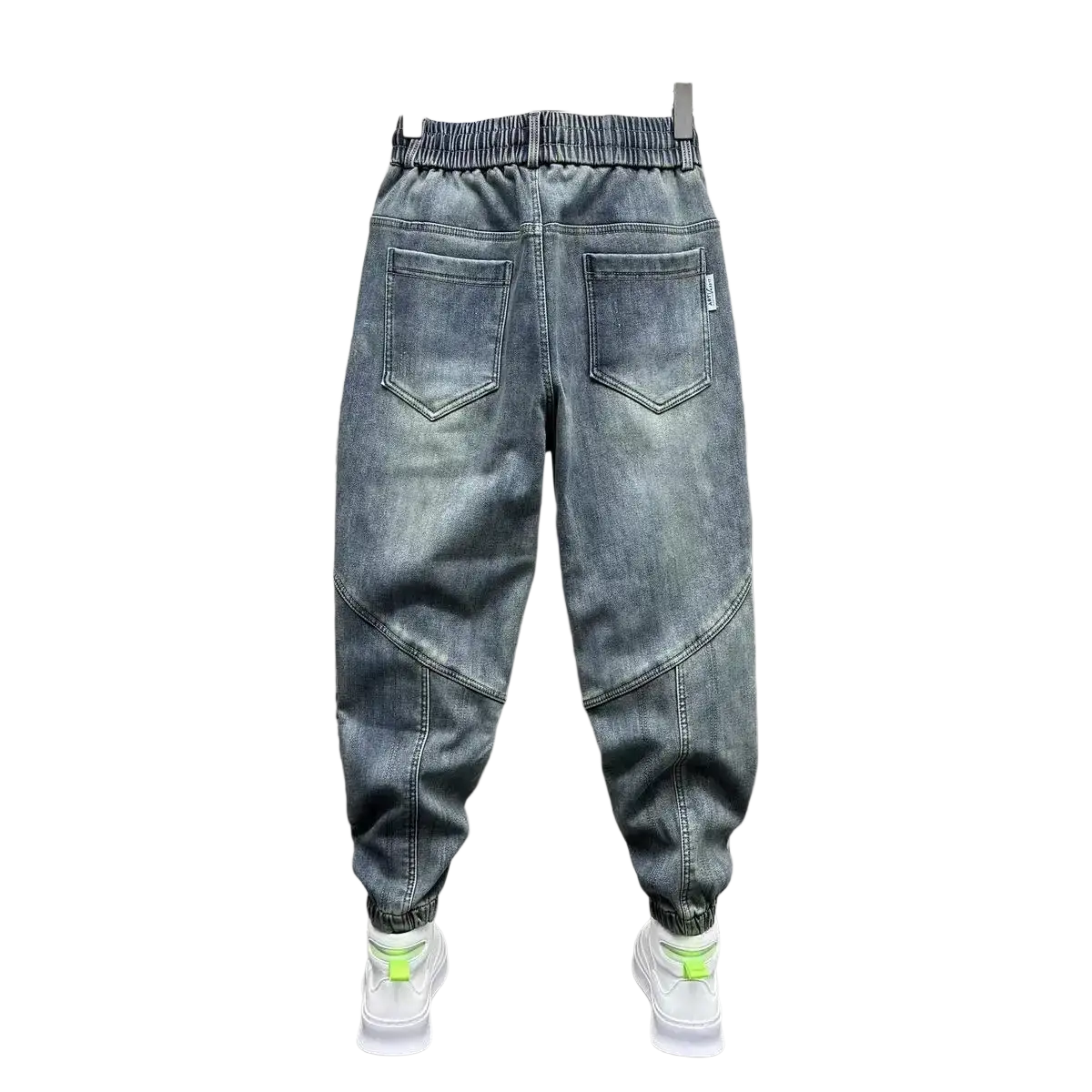 Mens loose denim harem pants in gray denim with relaxed fit elastic waistband and cuffed hems