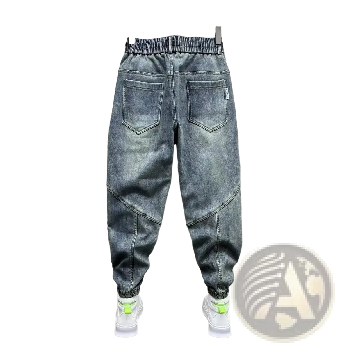 Mens loose denim harem pants in gray denim with relaxed fit elastic waistband and cuffed hems