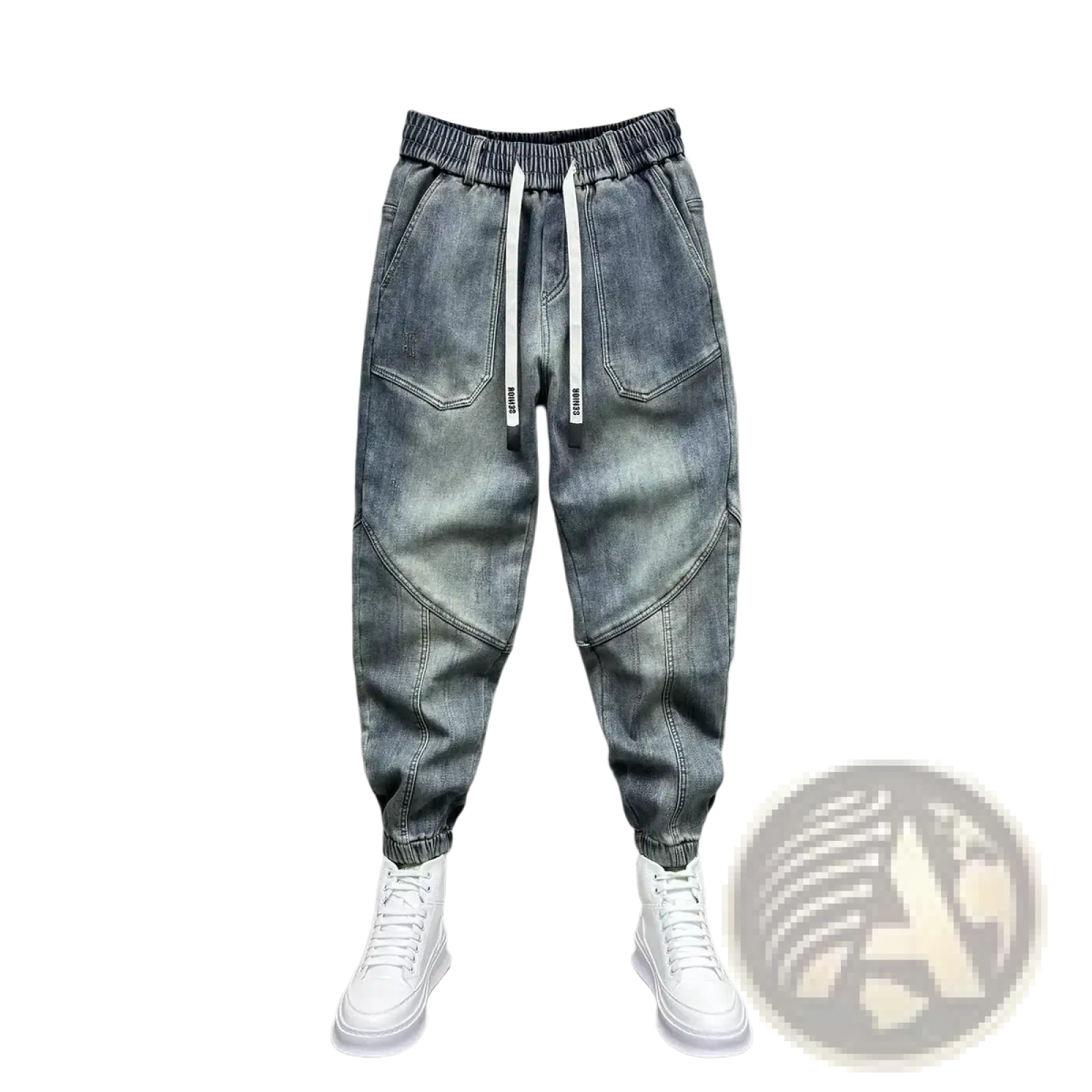 Mens loose denim harem pants in gray with white drawstrings and elastic cuffs made of denim material
