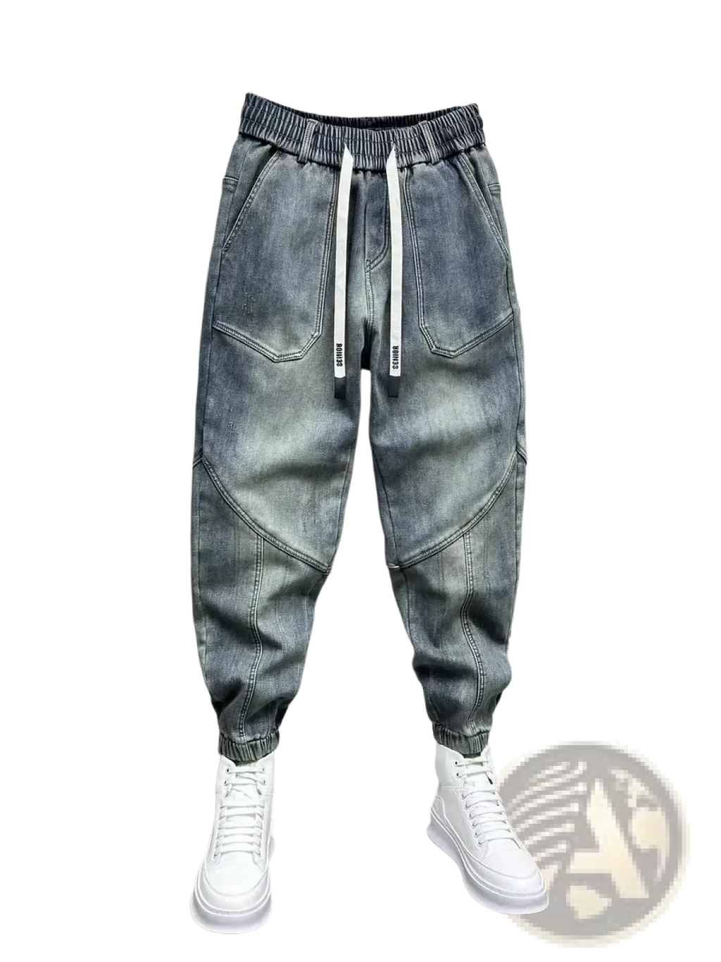 Mens loose denim harem pants in light-wash denim with a drawstring waist and white cord accents
