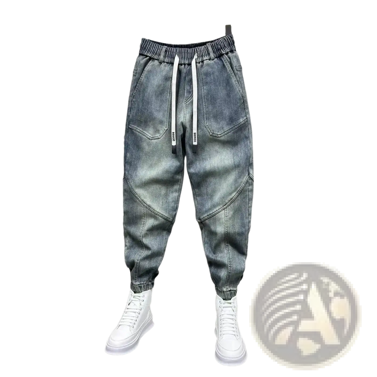 Mens loose denim harem pants in light-wash denim with a relaxed fit elastic waistband and white drawstrings