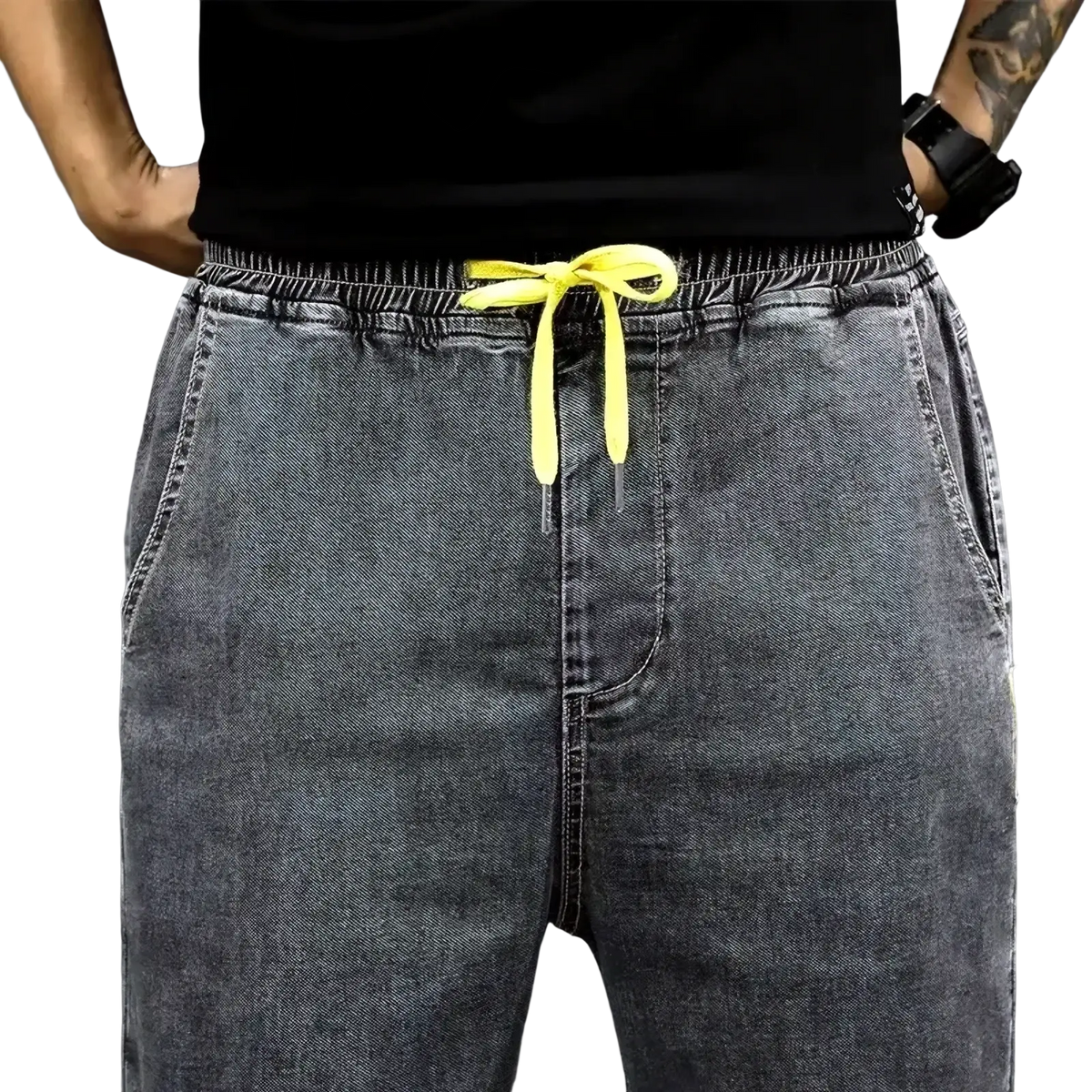 Men’s loose dark gray denim joggers with bright yellow drawstring for summer casual workwear
