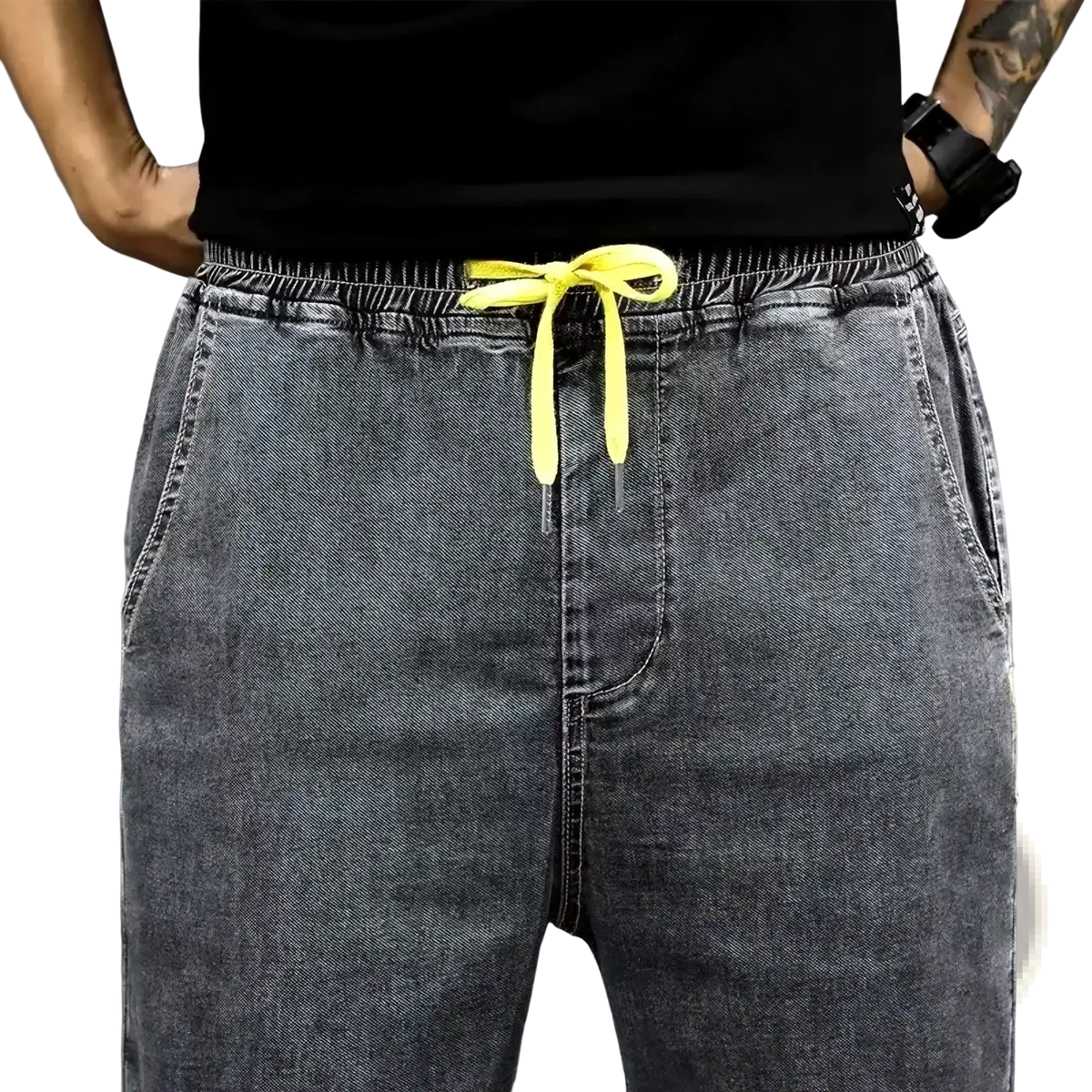Men’s loose dark gray denim joggers with bright yellow drawstring for summer casual workwear