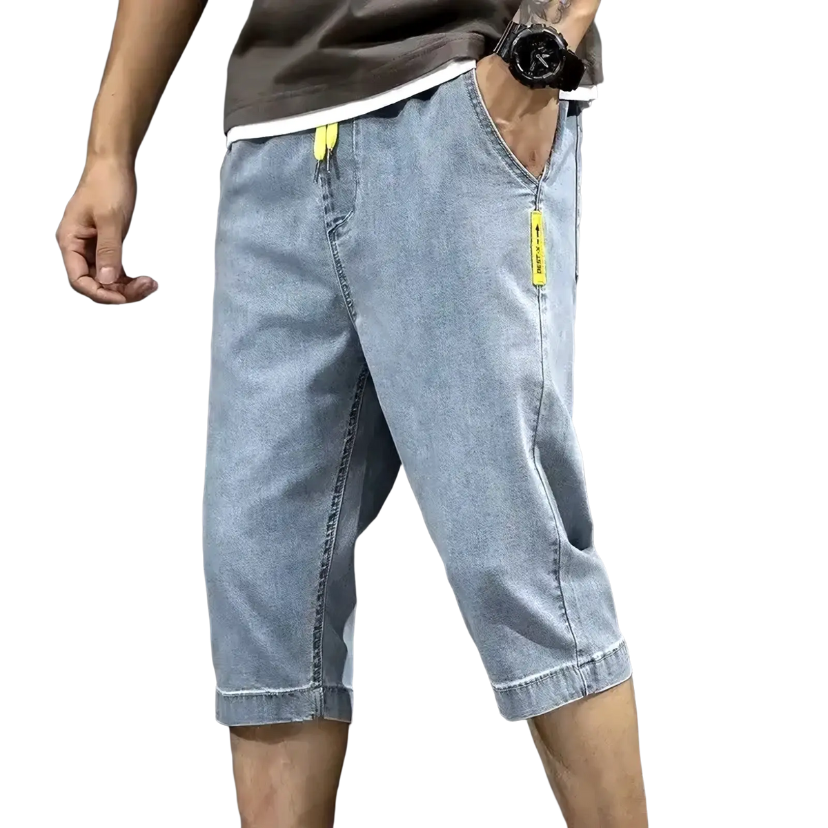 Men’s loose light-wash denim shorts with yellow drawstring and tag accents for summer casual workwear