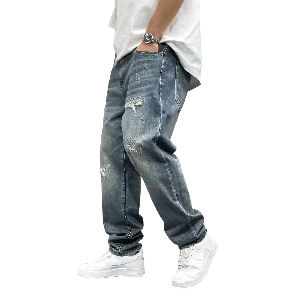 Men’s loose fit distressed straight leg denim jeans in faded blue with intentional rips and a worn wash effect