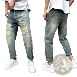 Men’s loose fit distressed straight leg light-wash denim jeans with ripped details on thighs and knees