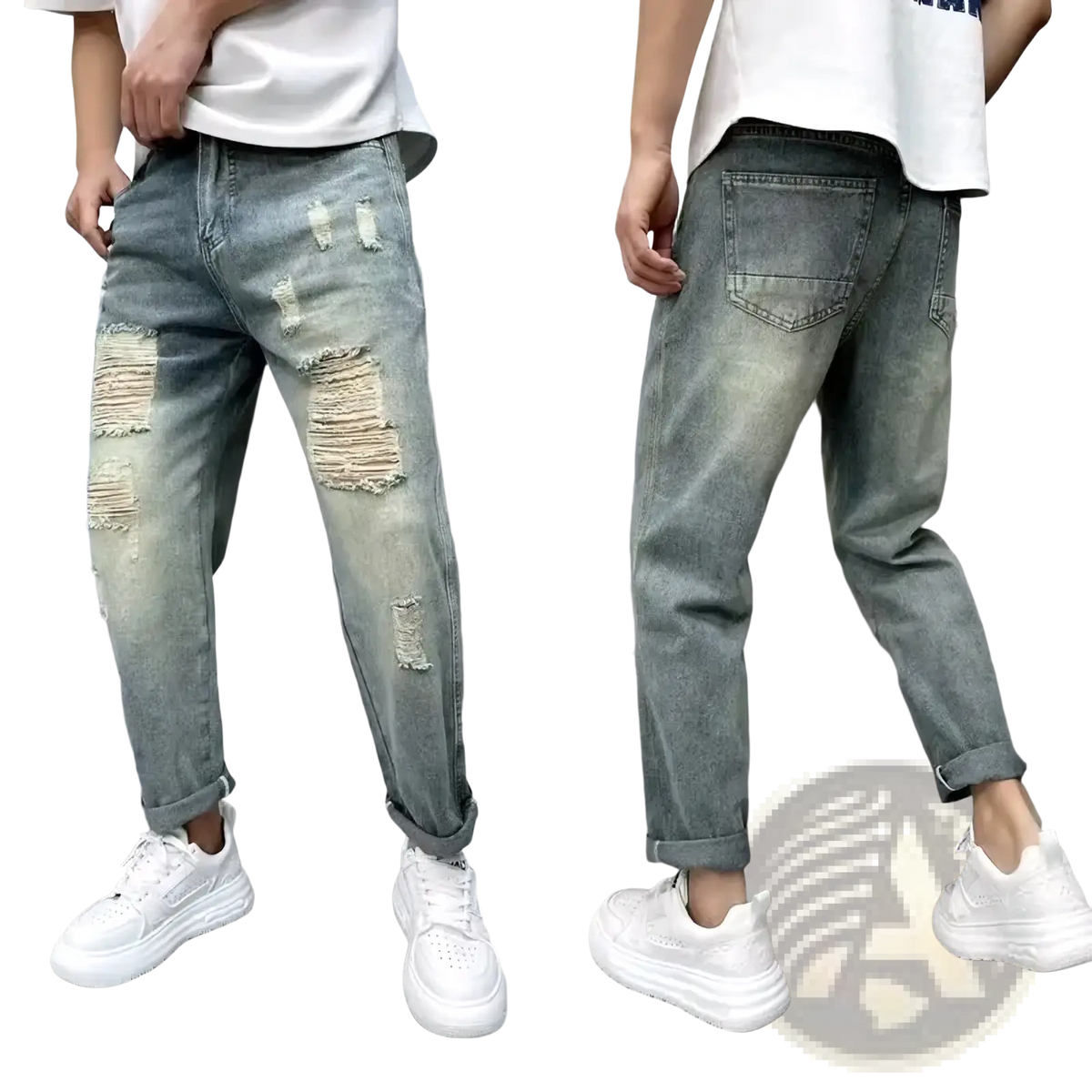 Men’s loose fit distressed straight leg light-wash denim jeans with ripped details on thighs and knees
