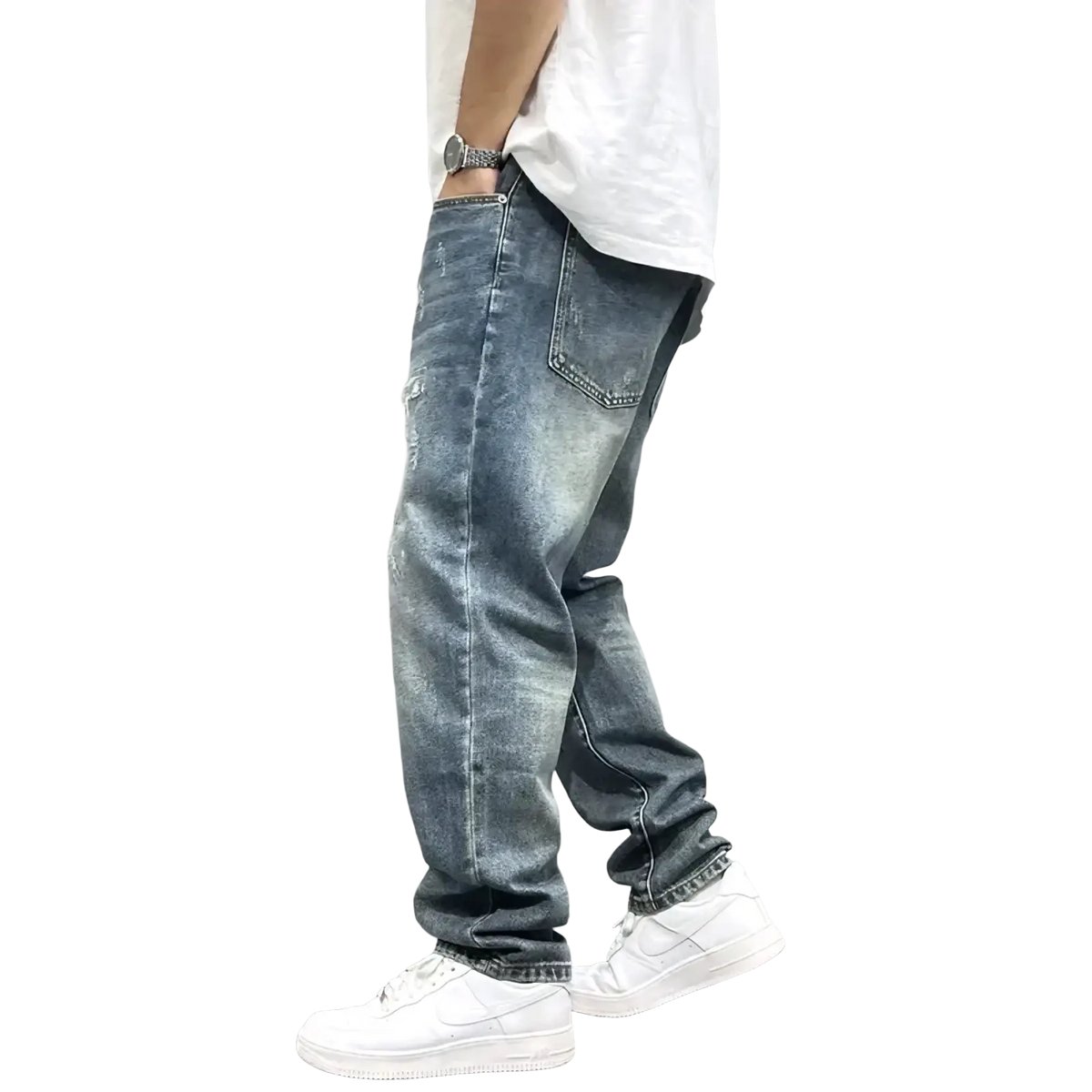 Men’s loose fit distressed straight leg denim jeans in light wash with relaxed fit and subtle distressing details