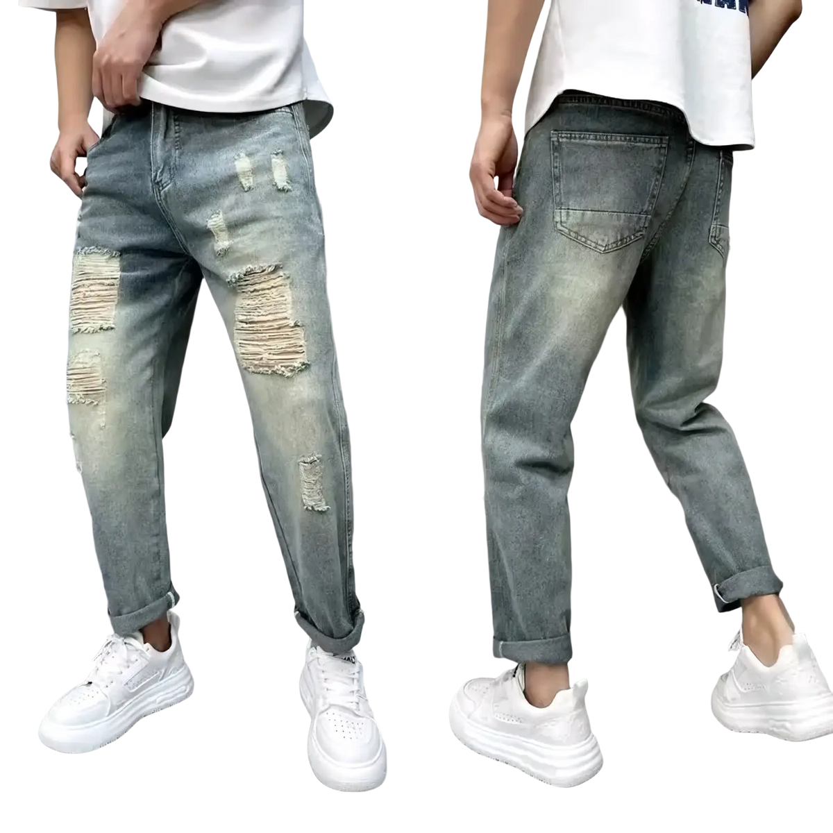 Men’s loose fit distressed straight leg light-wash denim jeans with ripped details on thighs and knees