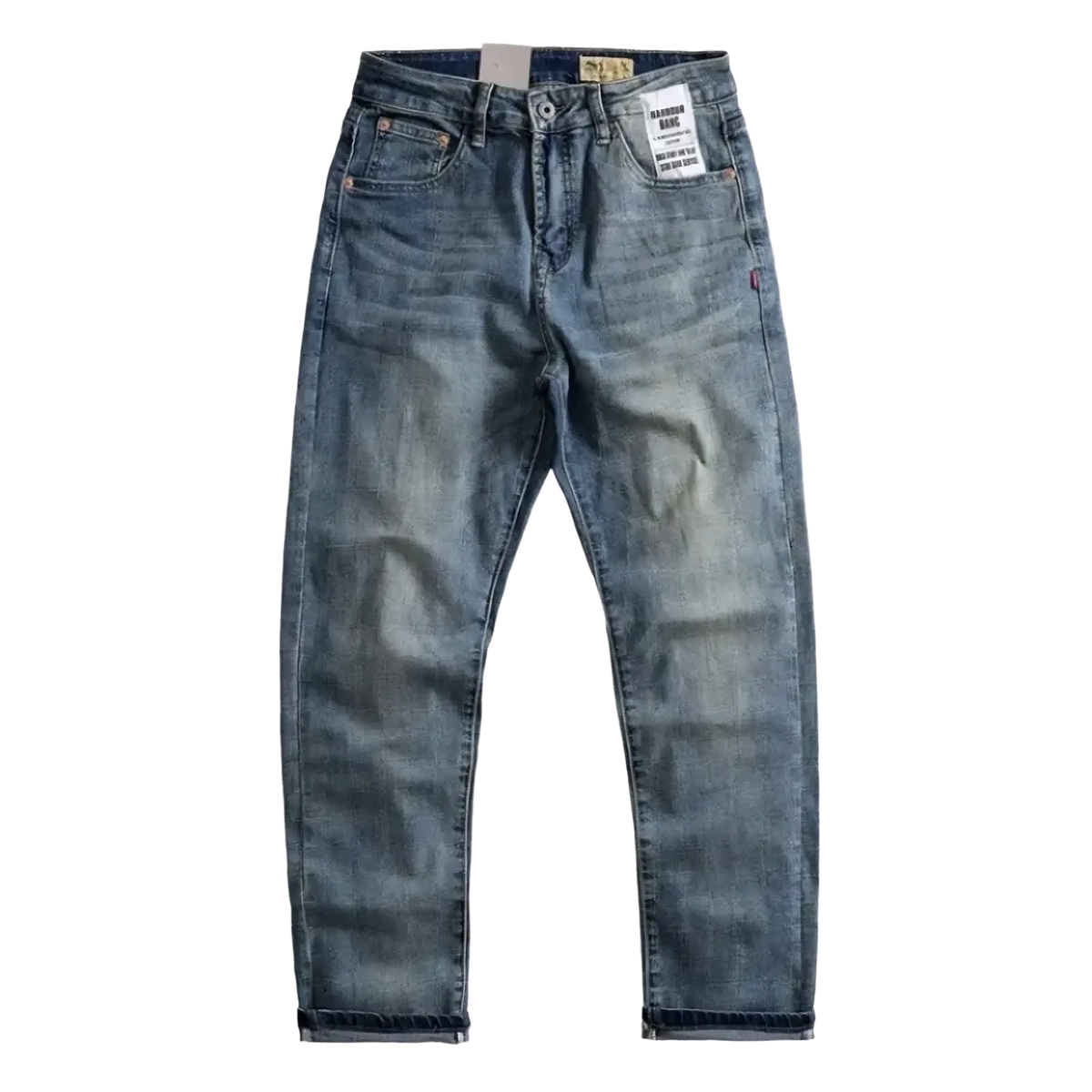 Men’s loose fit distressed straight leg light-wash denim jeans with five-pocket design and subtle fading for a worn-in look