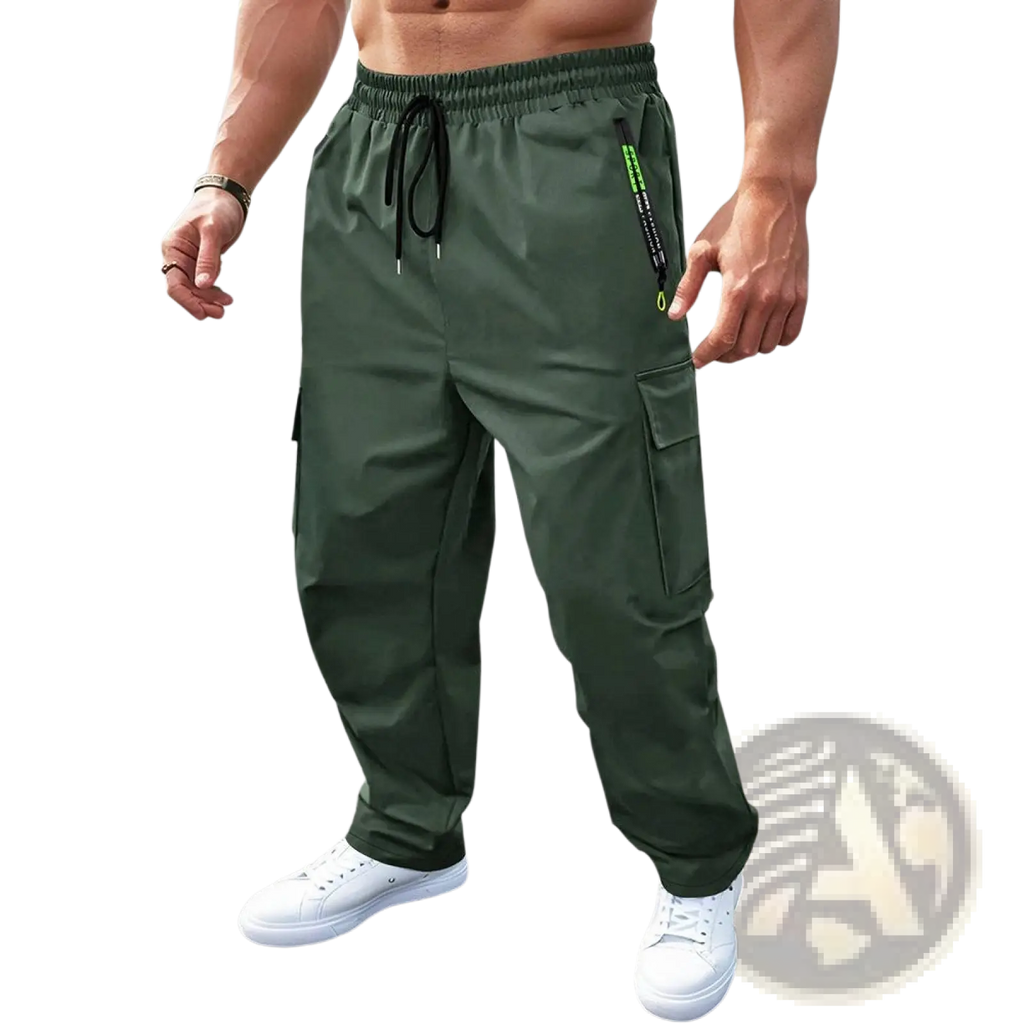 Men’s loose fit dark green cargo joggers with black drawstring waistband and neon green zipper pulls on side pockets
