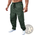Men’s loose fit dark green cargo joggers with black drawstring waistband and neon green zipper pulls on side pockets