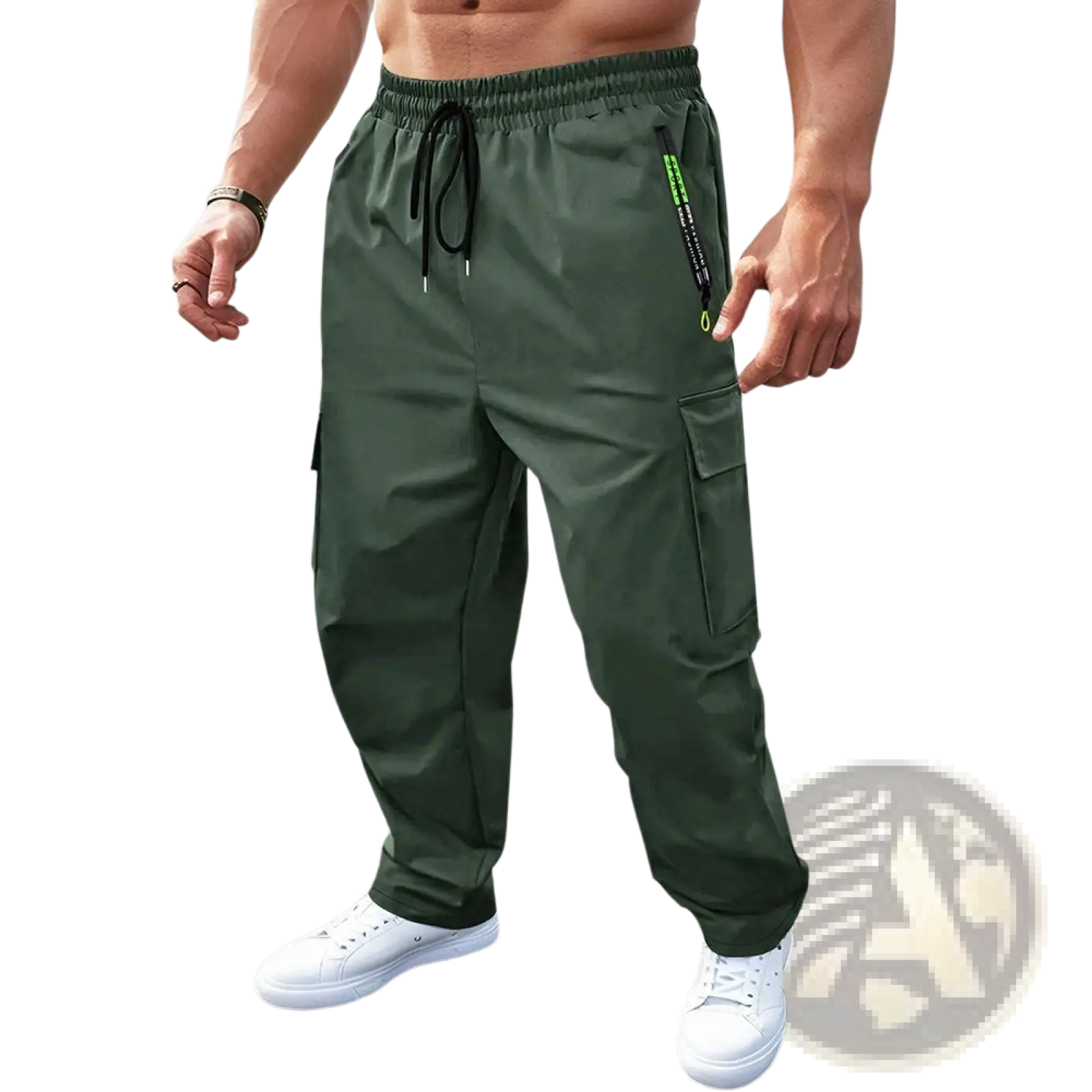 Men’s loose fit dark green cargo joggers with black drawstring waistband and neon green zipper pulls on side pockets