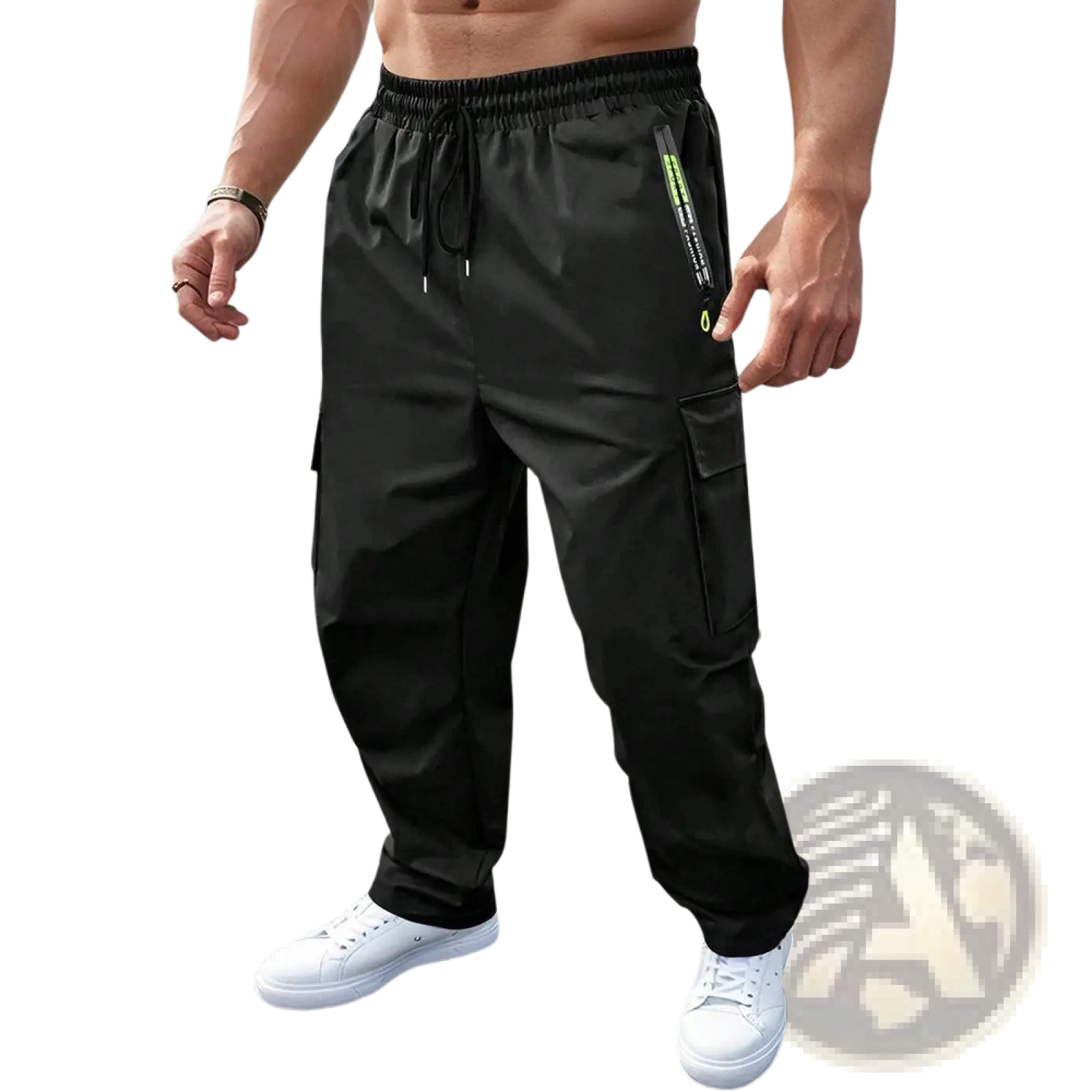 Men’s loose fit black cargo joggers with drawstring waistband and neon green zipper accents on side pockets
