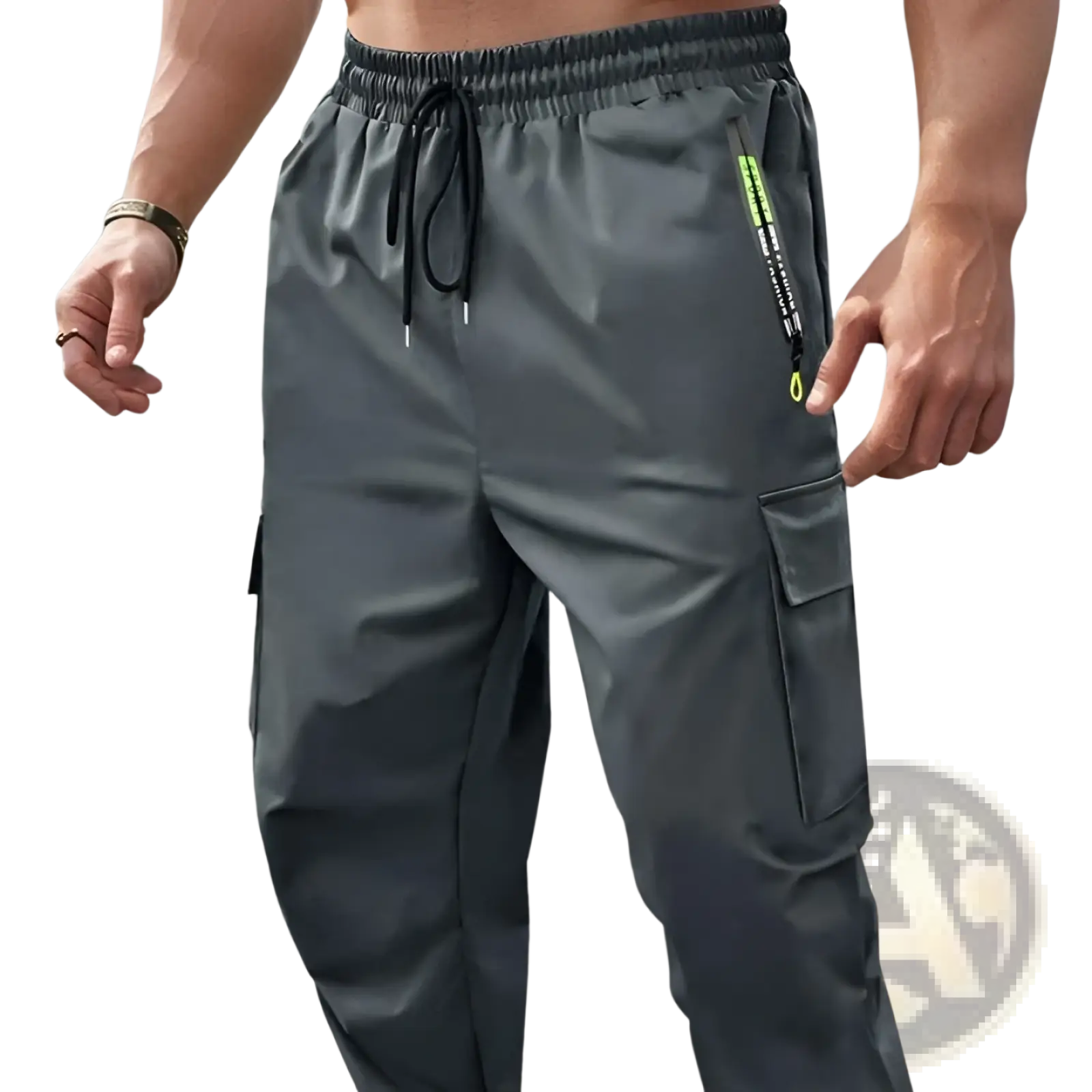 Men’s loose fit dark gray cargo joggers with drawstring waistband and neon green zipper pulls for casual wear
