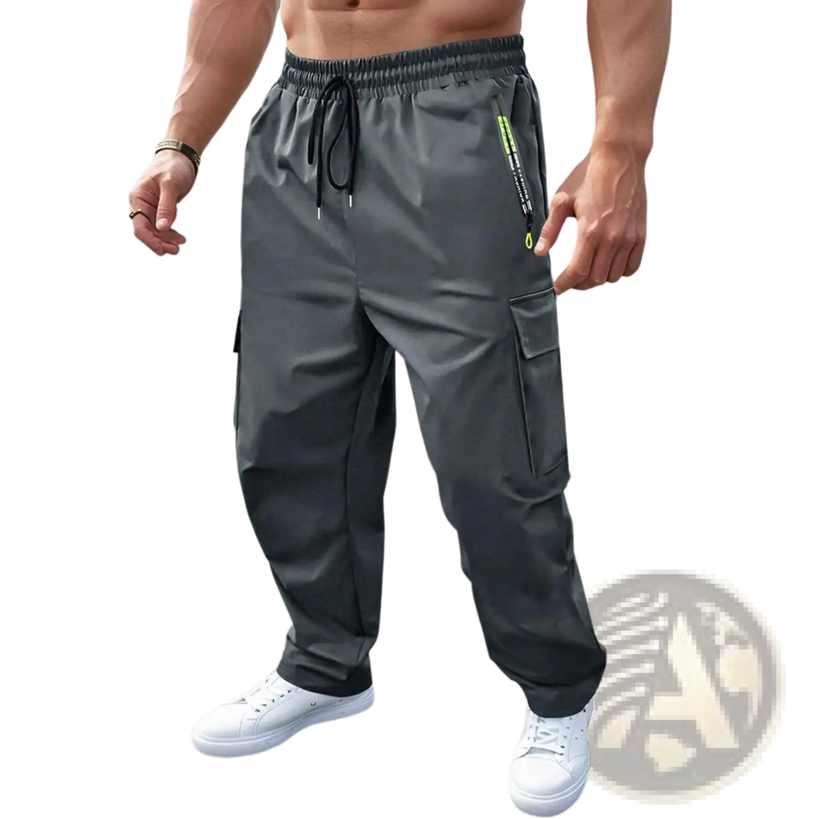 Men’s loose fit dark gray cargo joggers with neon green zipper accents and a drawstring waistband for comfort