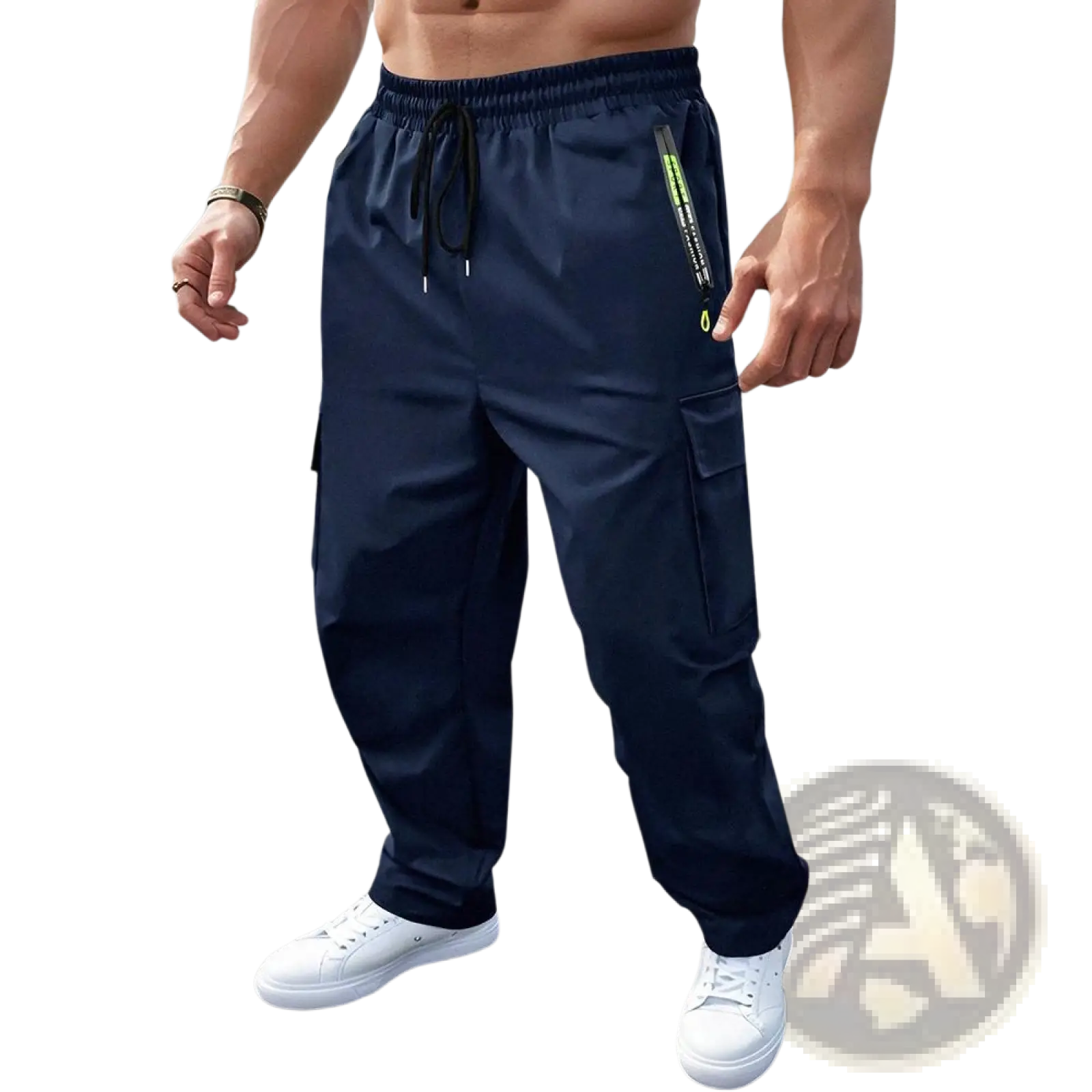 Men’s loose fit navy blue cargo joggers with black drawstring waistband and neon green zipper accents on side pockets