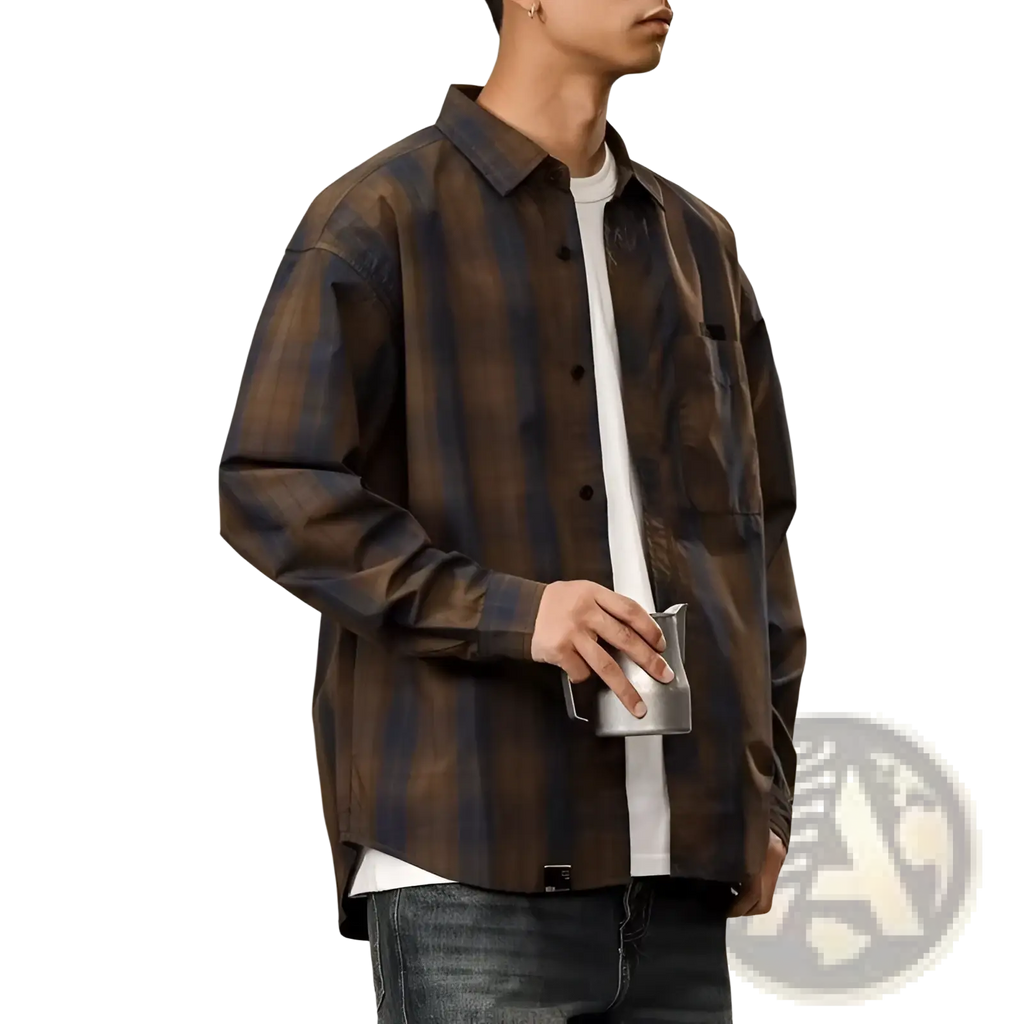 Men’s loose fit retro plaid long sleeve button up shirt in brown and black cotton blend fabric for casual wear