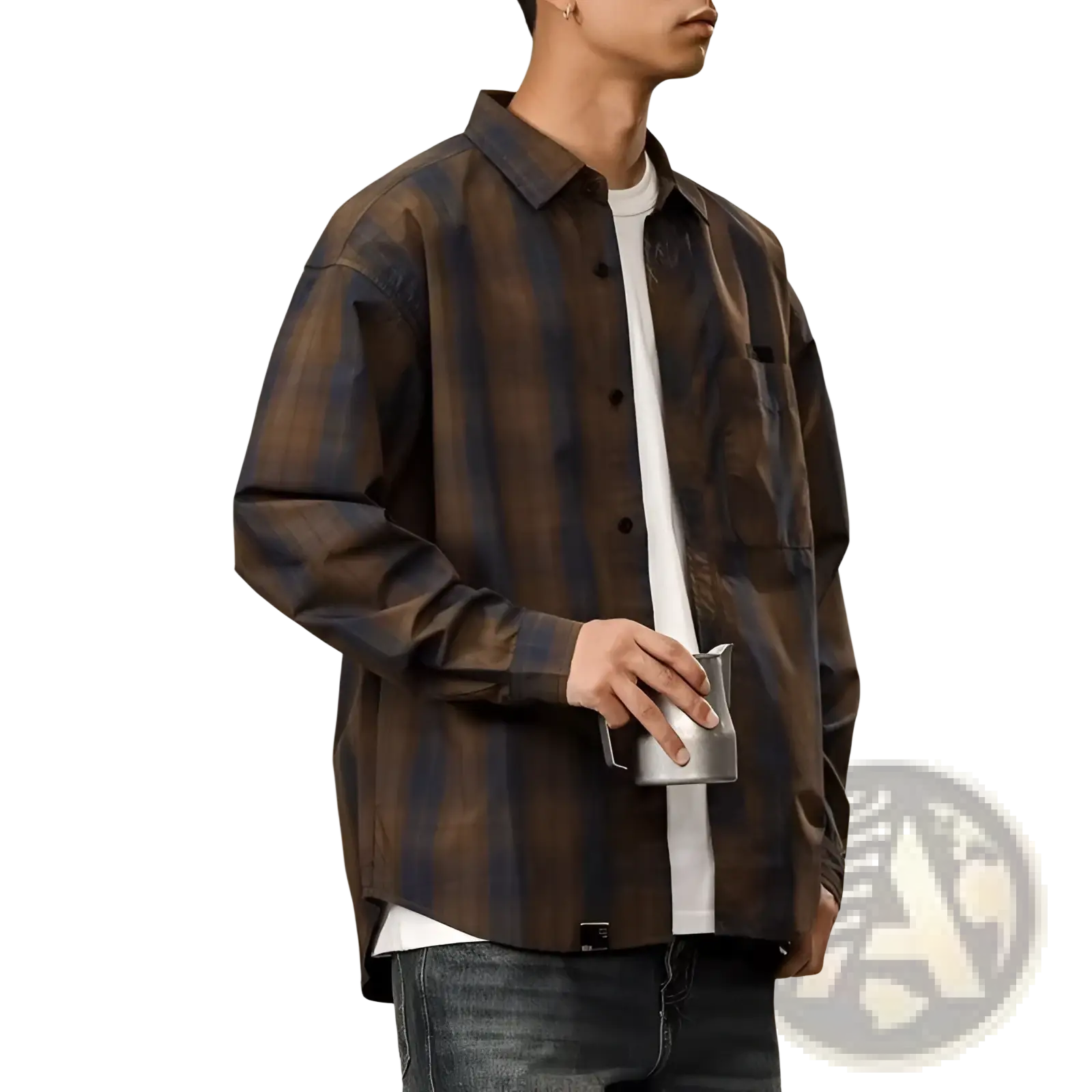 Men’s loose fit retro plaid long sleeve button up shirt in brown and black cotton blend fabric for casual wear