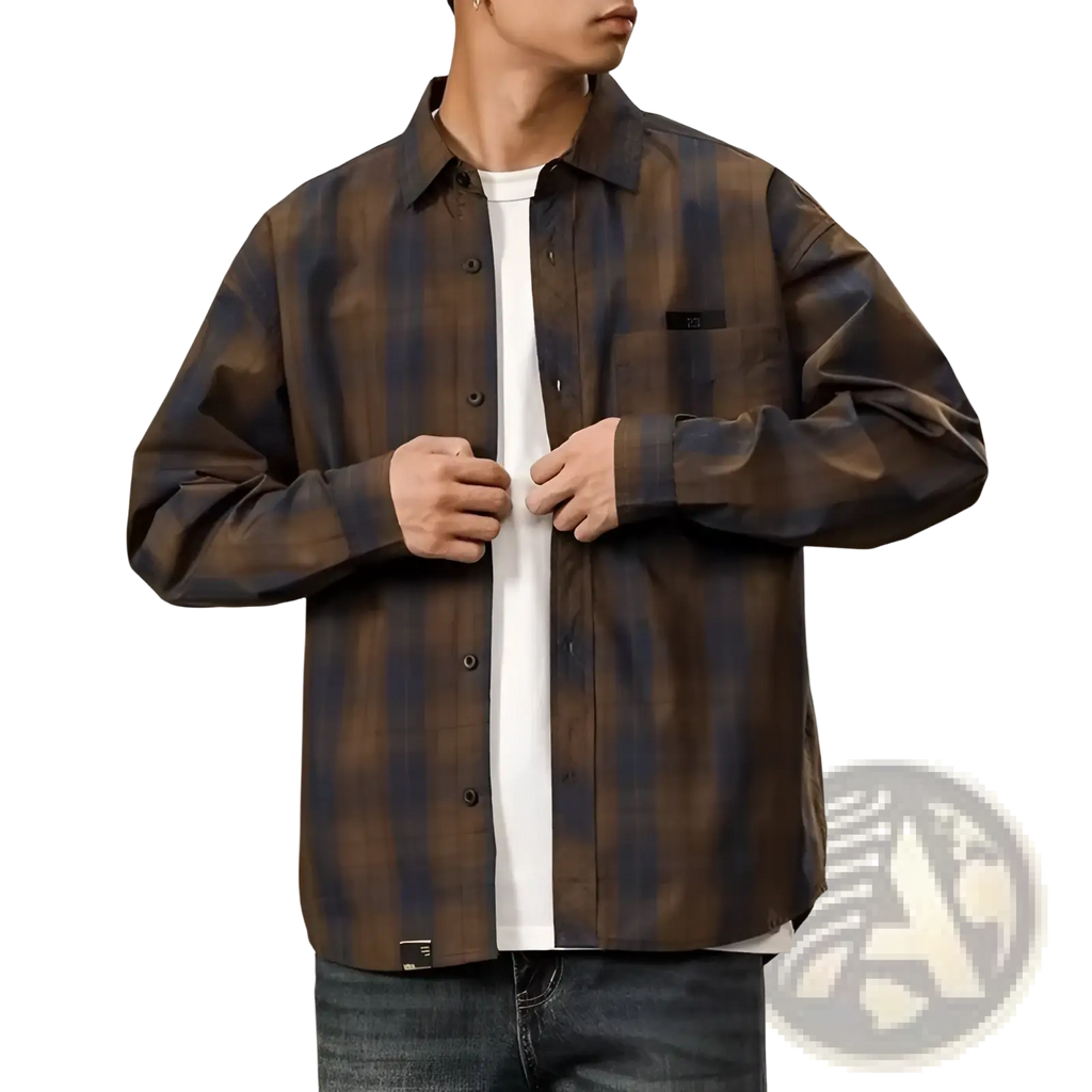 Men’s loose fit retro plaid long sleeve button up shirt in faded brown and dark blue lightweight cotton fabric