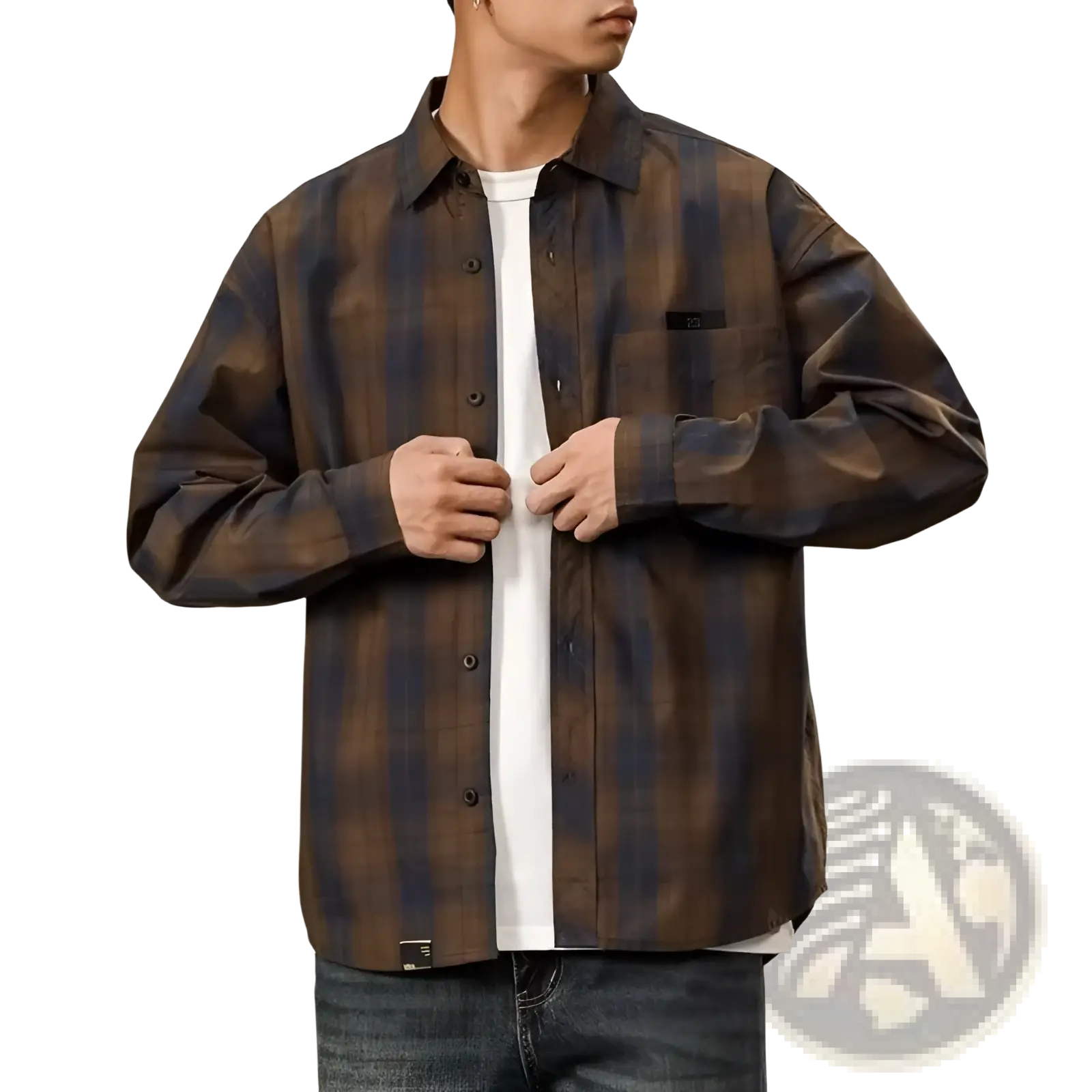 Men’s loose fit retro plaid long sleeve button up shirt in faded brown and dark blue lightweight cotton fabric