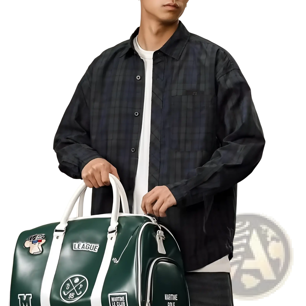 Dark green leather sports bag with white handles and multiple embroidered patches including league and martine le club golf