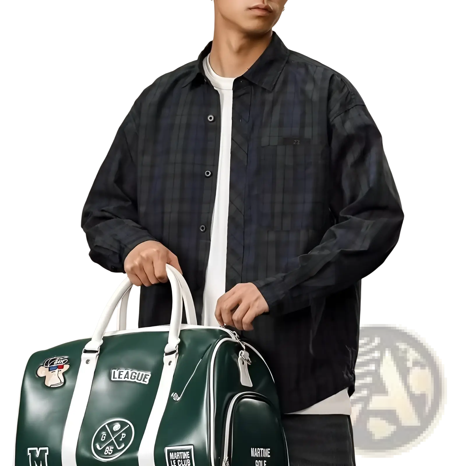 Dark green leather sports bag with white handles and multiple embroidered patches including league and martine le club golf