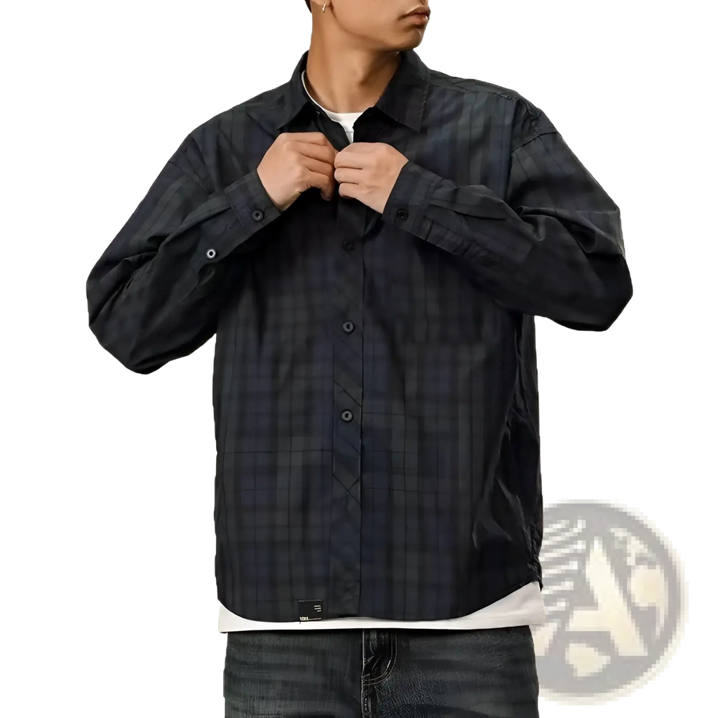 Men’s loose fit retro plaid long sleeve button up shirt in dark navy and black with subtle textured weave