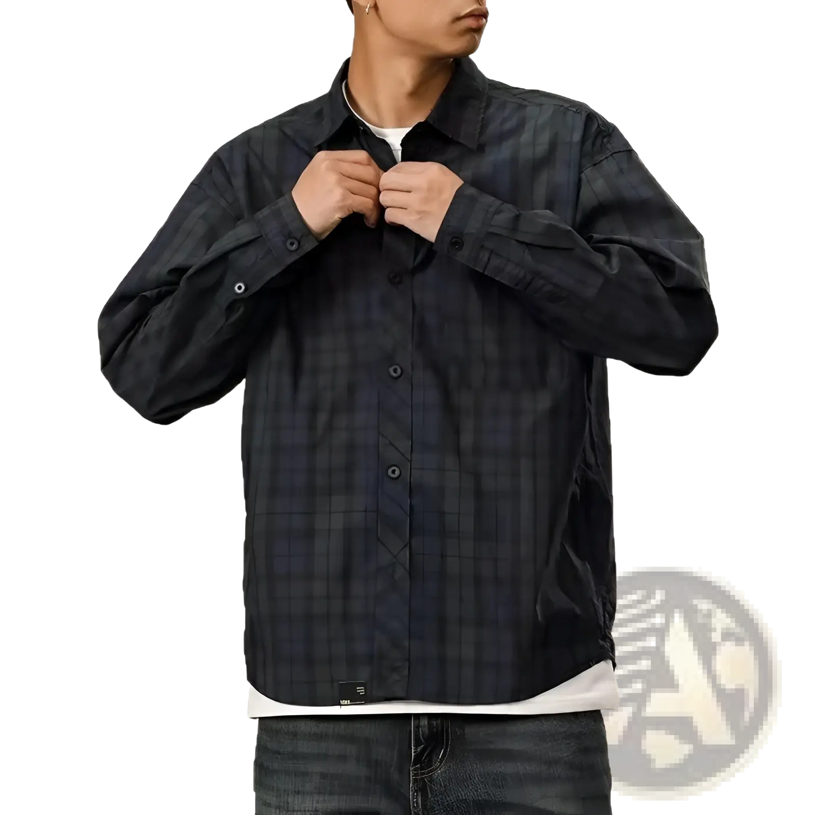 Men’s loose fit retro plaid long sleeve button up shirt in dark navy and black with subtle textured weave
