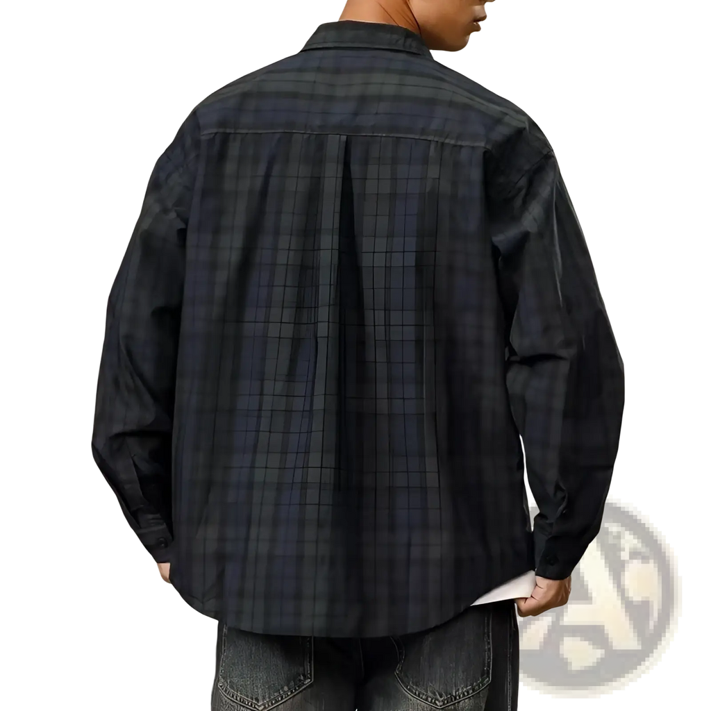 Men’s loose fit retro plaid long sleeve button up shirt in dark navy and green cotton blend fabric