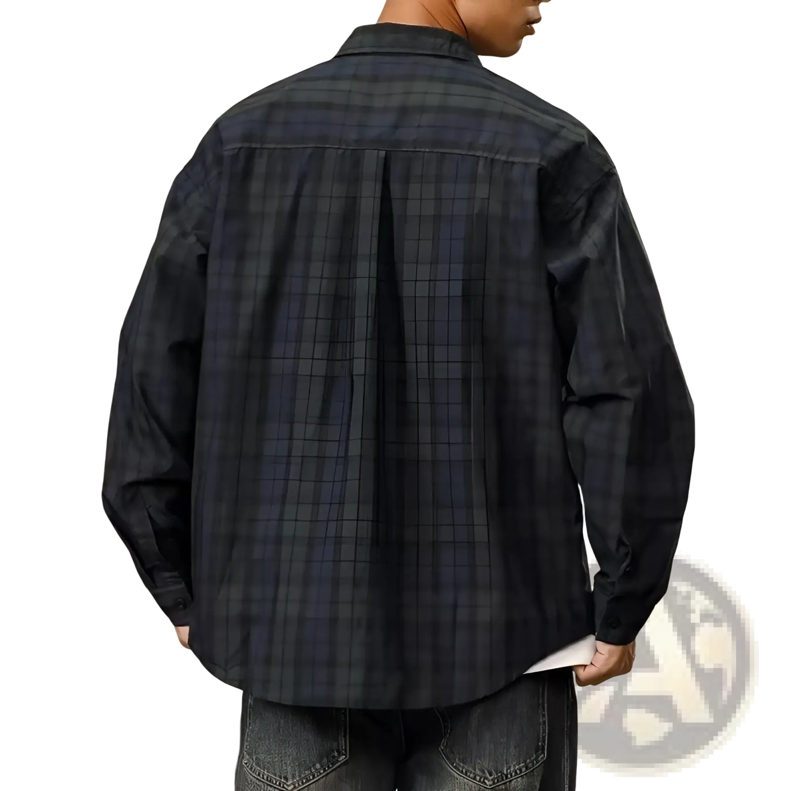 Men’s loose fit retro plaid long sleeve button up shirt in dark navy and green cotton blend fabric
