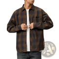 Men’s loose fit retro plaid long sleeve button up shirt in brown and dark blue cotton fabric