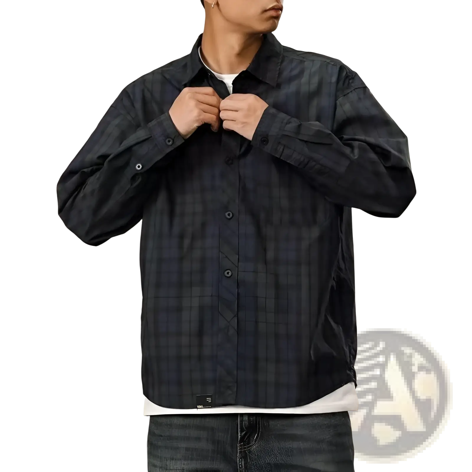 Men’s loose fit retro plaid long sleeve button up shirt in dark navy with subtle texture and small brand tag at the hem
